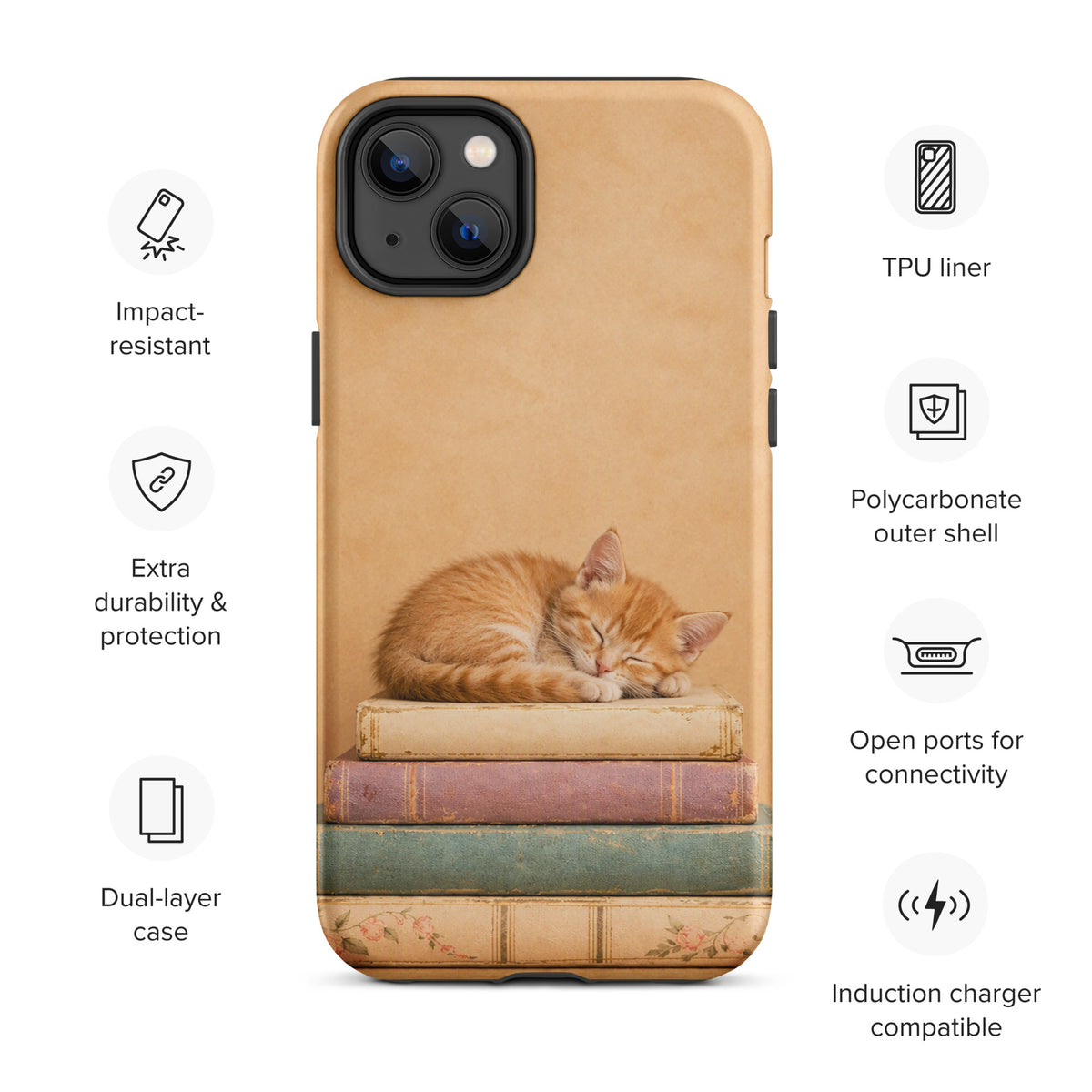 Phone Case for iPhone featuring a sleeping kitten on vintage books, designed for durability and style with TPU liner and polycarbonate shell.