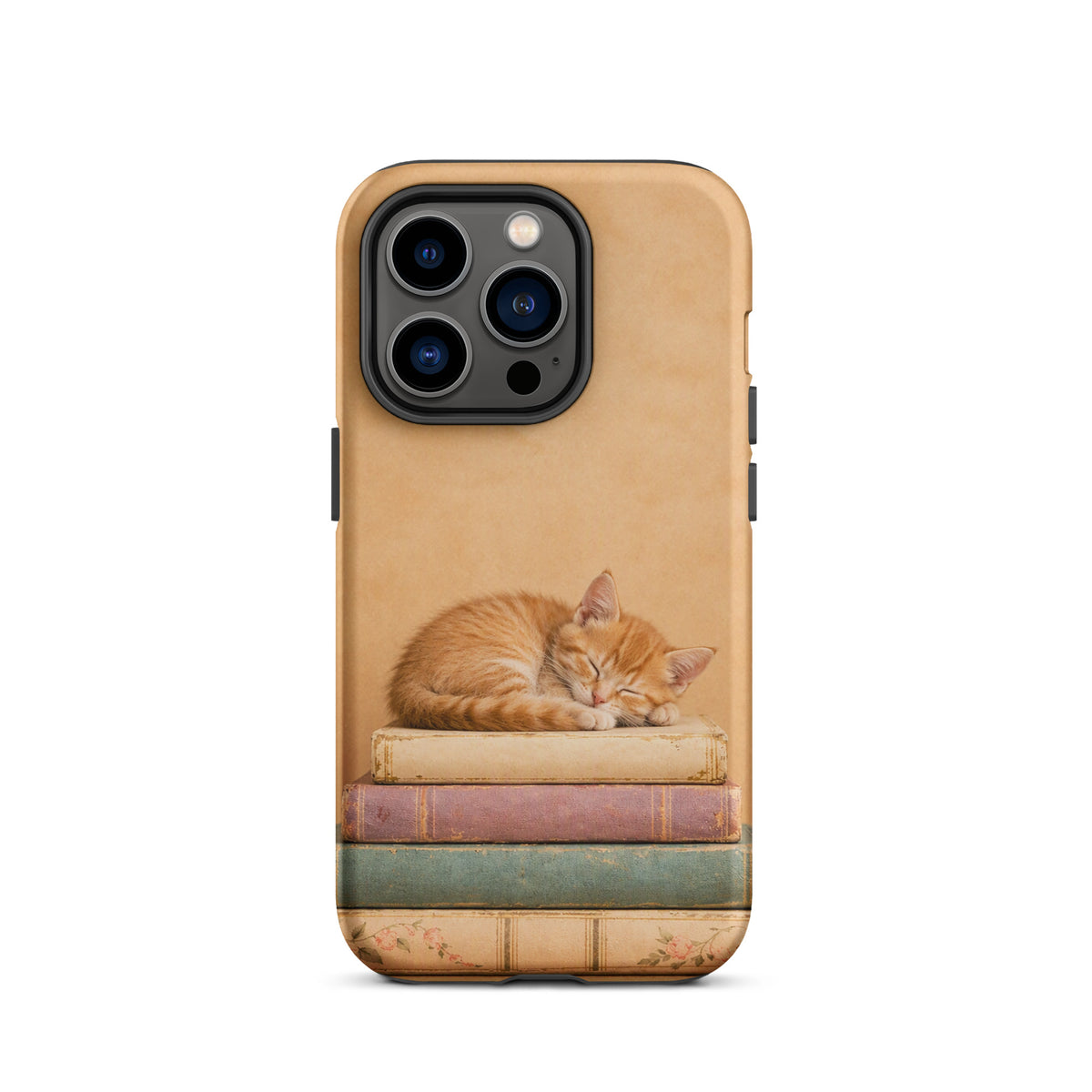 Phone Case for iPhone featuring sleeping kitten on vintage books, cozy orange cat illustration, warm neutral colors.