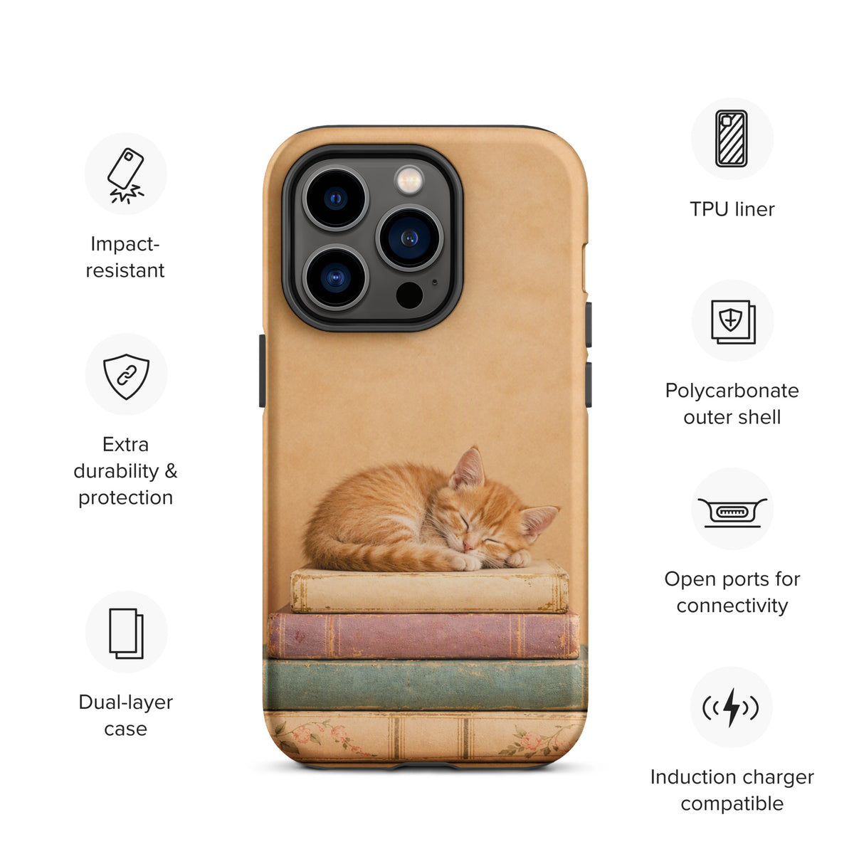 Phone Case featuring sleeping kitten on vintage books design with durable TPU liner and polycarbonate shell for iPhone.