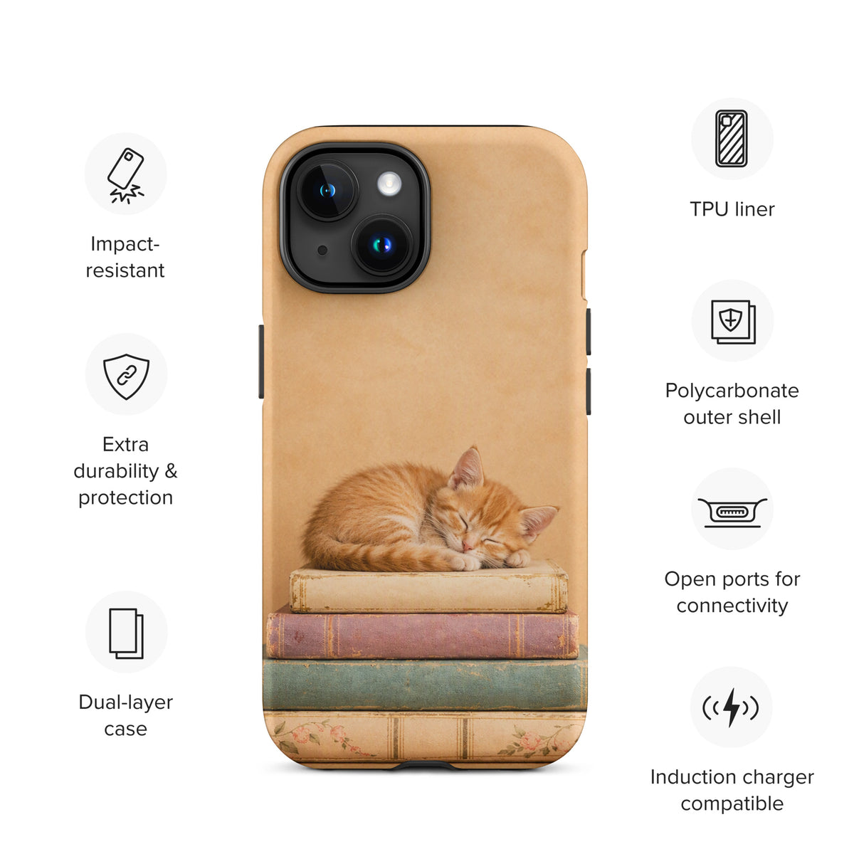 Phone Case with sleeping kitten on vintage books for iPhone, featuring cozy warm colors and charming design ideal for book lovers.