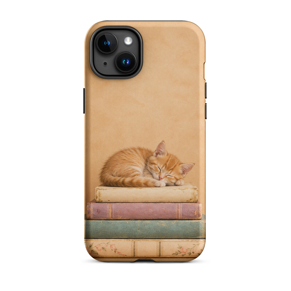 Phone Case featuring a sleeping kitten on vintage books, perfect for cat lovers and book enthusiasts who own an iPhone.