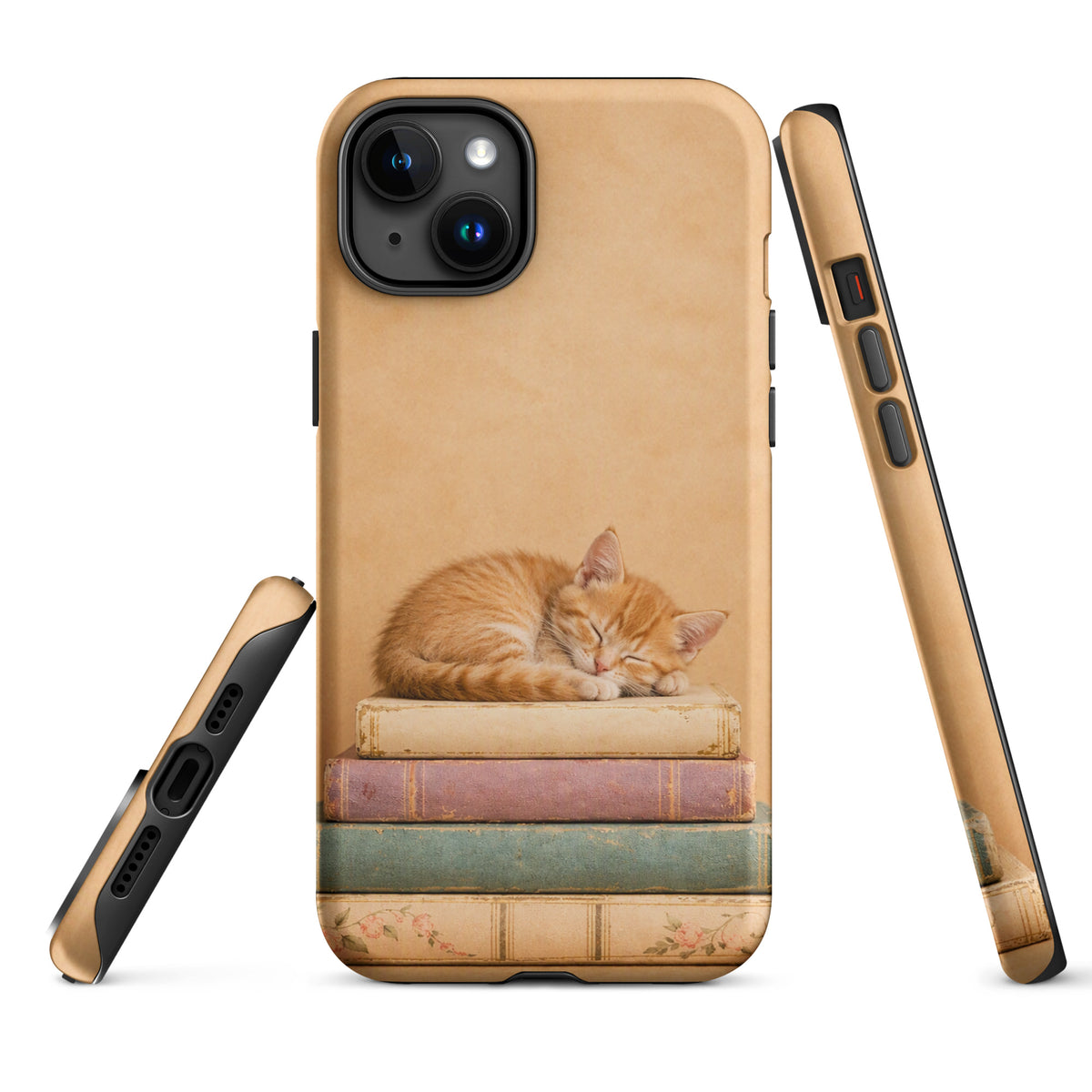 Phone Case for iPhone featuring sleeping kitten on vintage books design, orange cat illustration with warm, neutral tones.