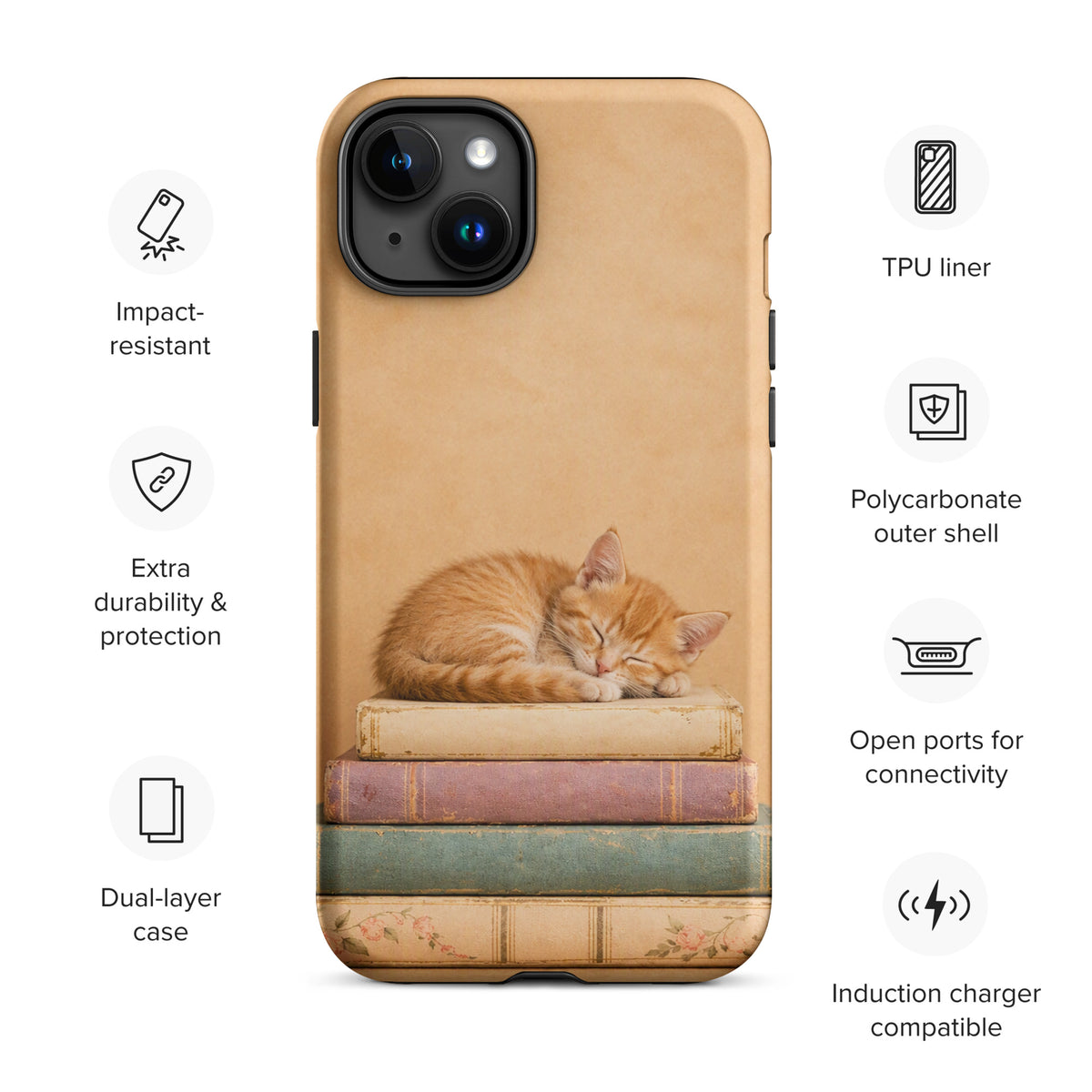 Phone Case with sleeping kitten on vintage books for iPhone, featuring orange cat and warm colors, perfect for book lovers and cat fans.