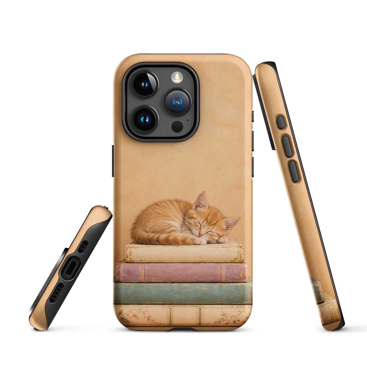 Phone Case with vintage books and sleeping kitten design for iPhone.
