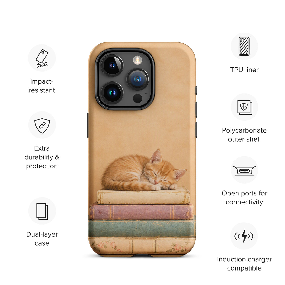 Phone Case with sleeping kitten on vintage books for iPhone, showcasing an adorable orange cat atop a stack of neutral-toned books.