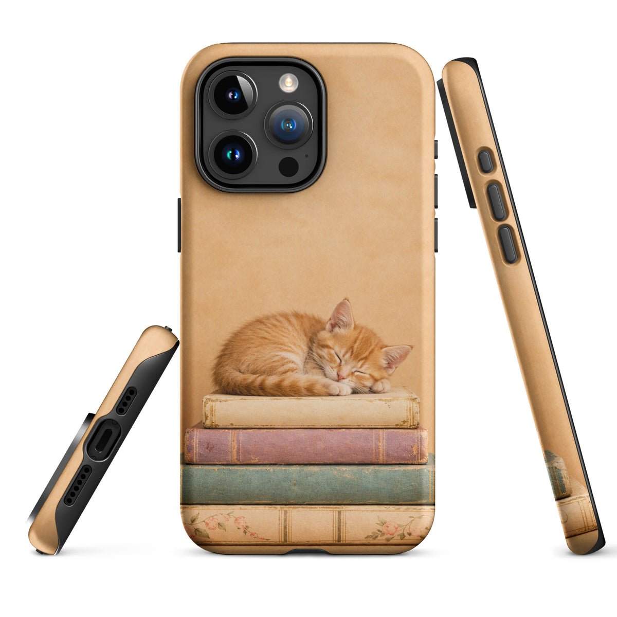 Phone Case with sleeping kitten on vintage books, compatible with iPhone, featuring cozy design, warm colors, cat illustration.