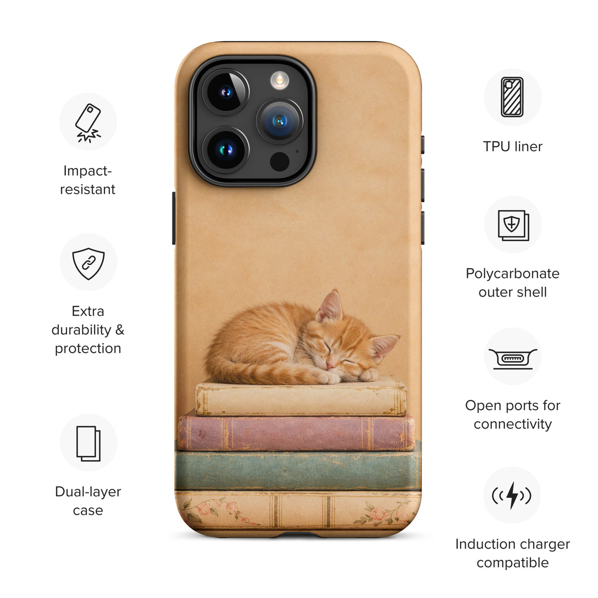 Phone Case for iPhone featuring sleeping kitten on vintage books, showcasing durability and charm with warm neutral colors.