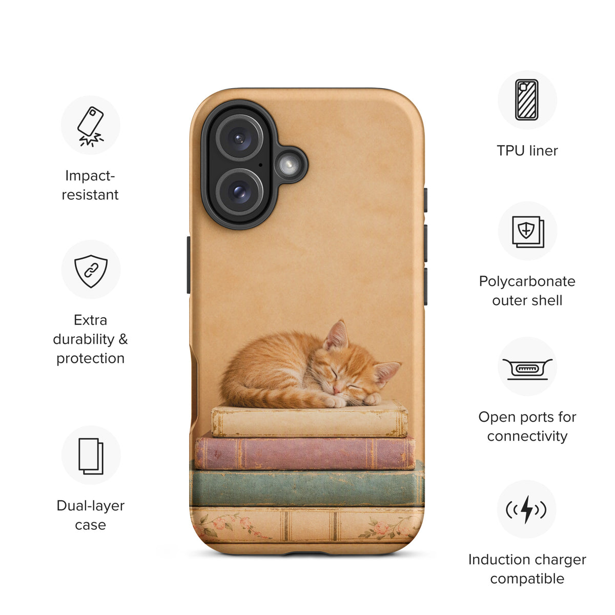Phone Case for iPhone with sleeping kitten on vintage books, showcasing an adorable design with a cozy stack of books and a cat nap.