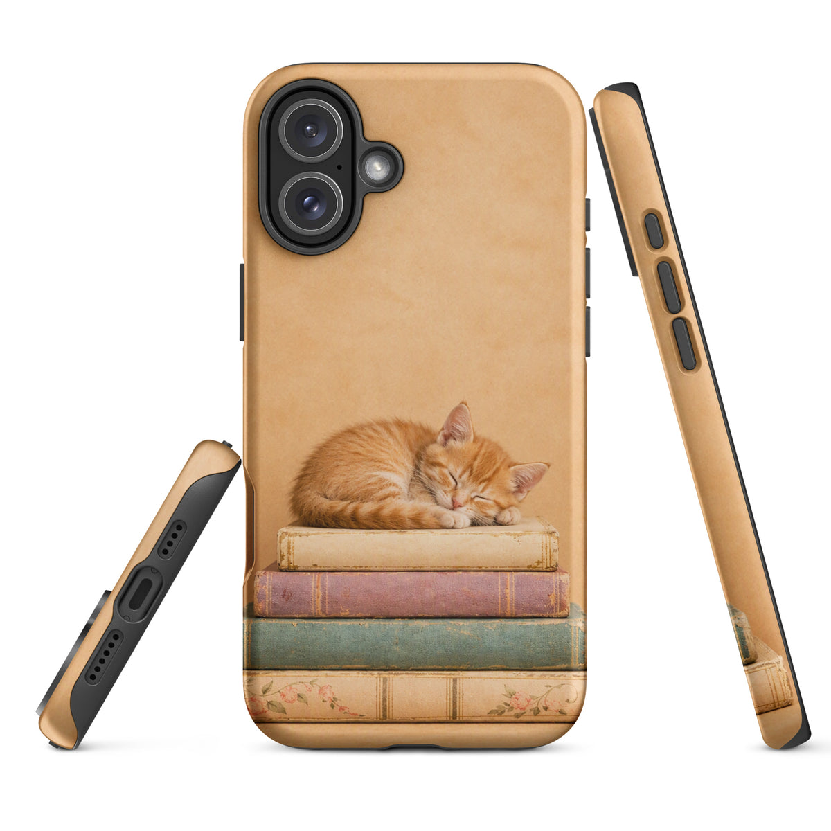 Phone Case for iPhone with sleeping kitten on vintage books, featuring an adorable orange kitten napping on stacked vintage-style books.