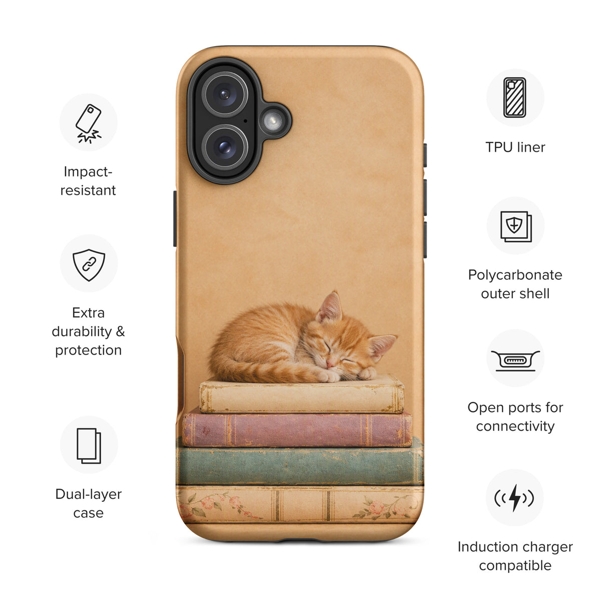 Phone Case for iPhone with orange kitten sleeping on vintage books, featuring durable design and vintage-inspired charm.