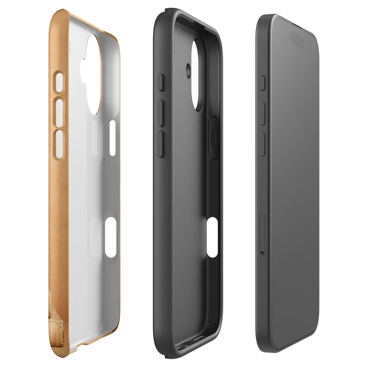 Three part Phone Case for iPhone showing sides and interior design.