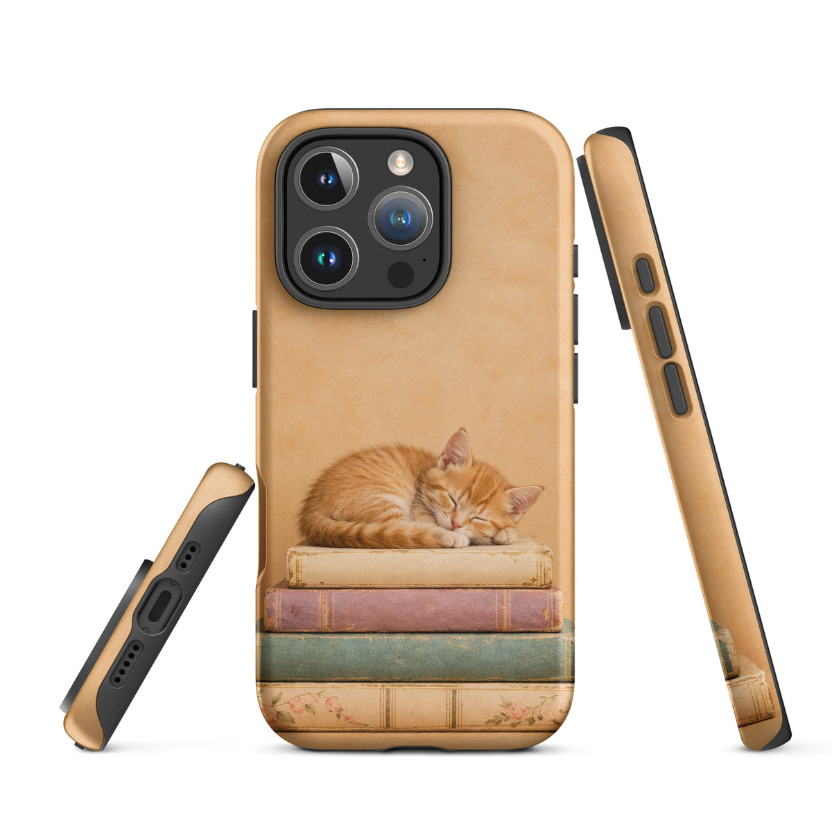 Phone Case for iPhone featuring a sleeping orange kitten on vintage books.