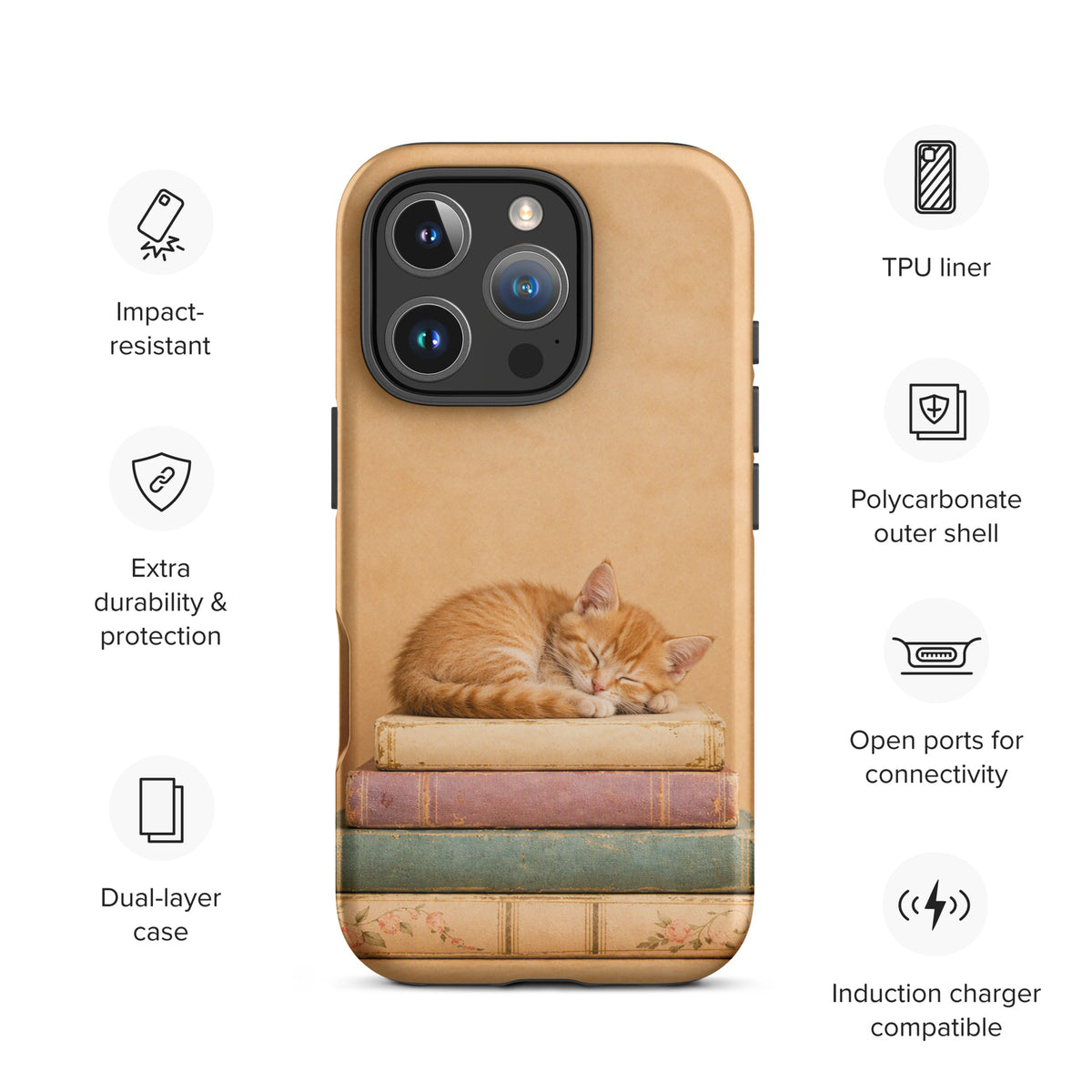 Phone Case for iPhone featuring sleeping kitten on vintage books.