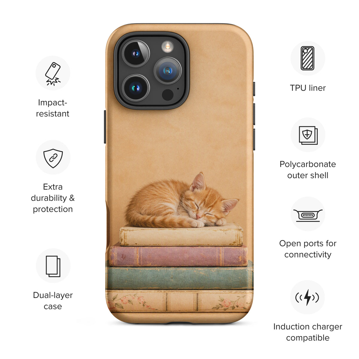 Phone Case for iPhone featuring a sleeping kitten on vintage books, offers durability, protection, and charging compatibility.