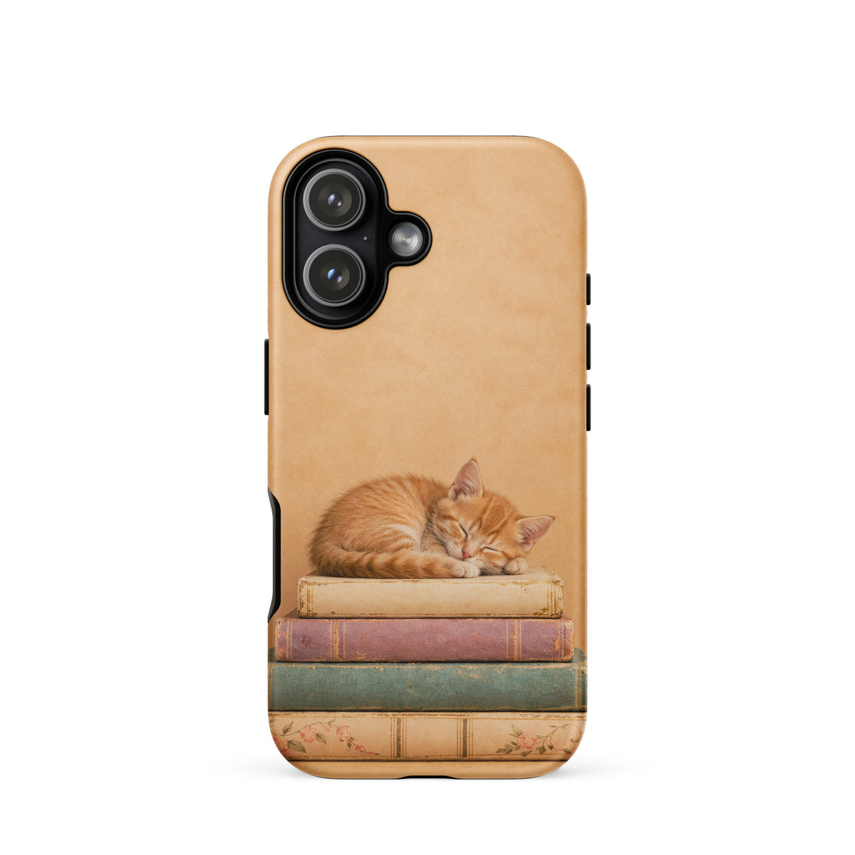 Phone Case for iPhone with sleeping kitten on vintage books, featuring warm colors and charming design for cat lovers.