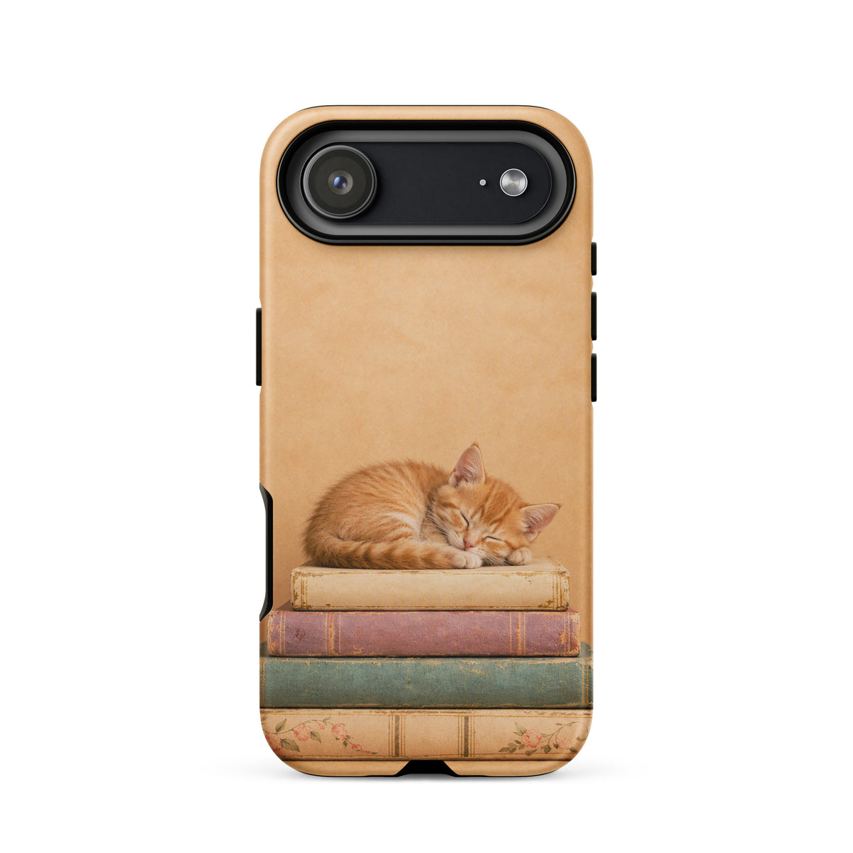 Phone Case featuring a sleeping orange kitten on vintage books, perfect for iPhone lovers who adore cozy and charming designs.