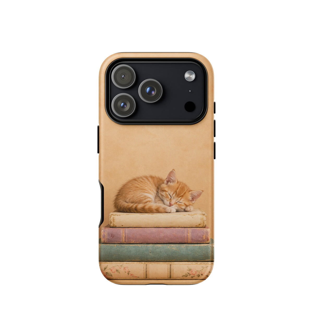 Phone Case with sleeping kitten on vintage books for iPhone, featuring warm tones and a cozy design.