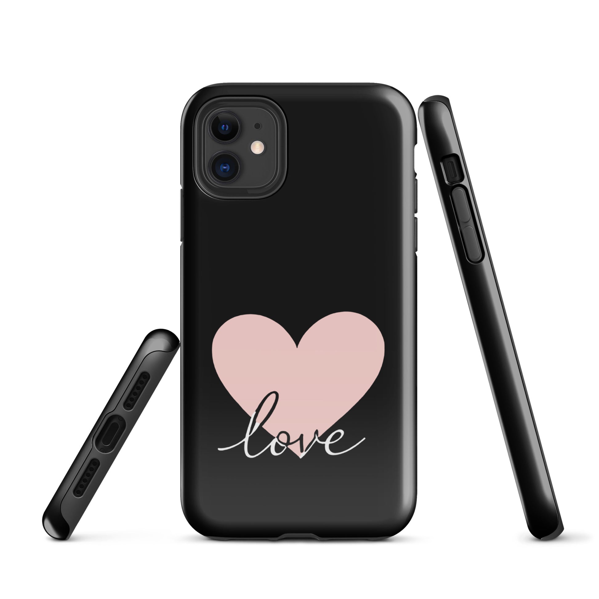 Phone Case for iPhone with heart and script love design, black background, romantic minimalist style.