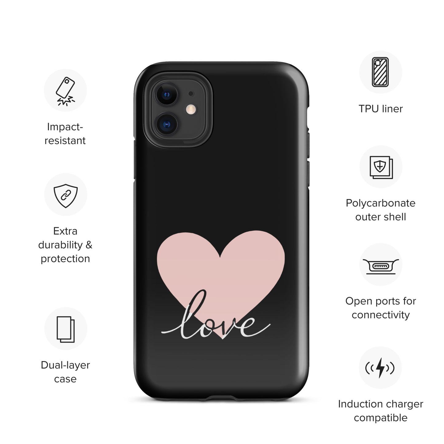Phone Case for iPhone with Heart and Script Love Design, featuring impact-resistant and dual-layer protection.