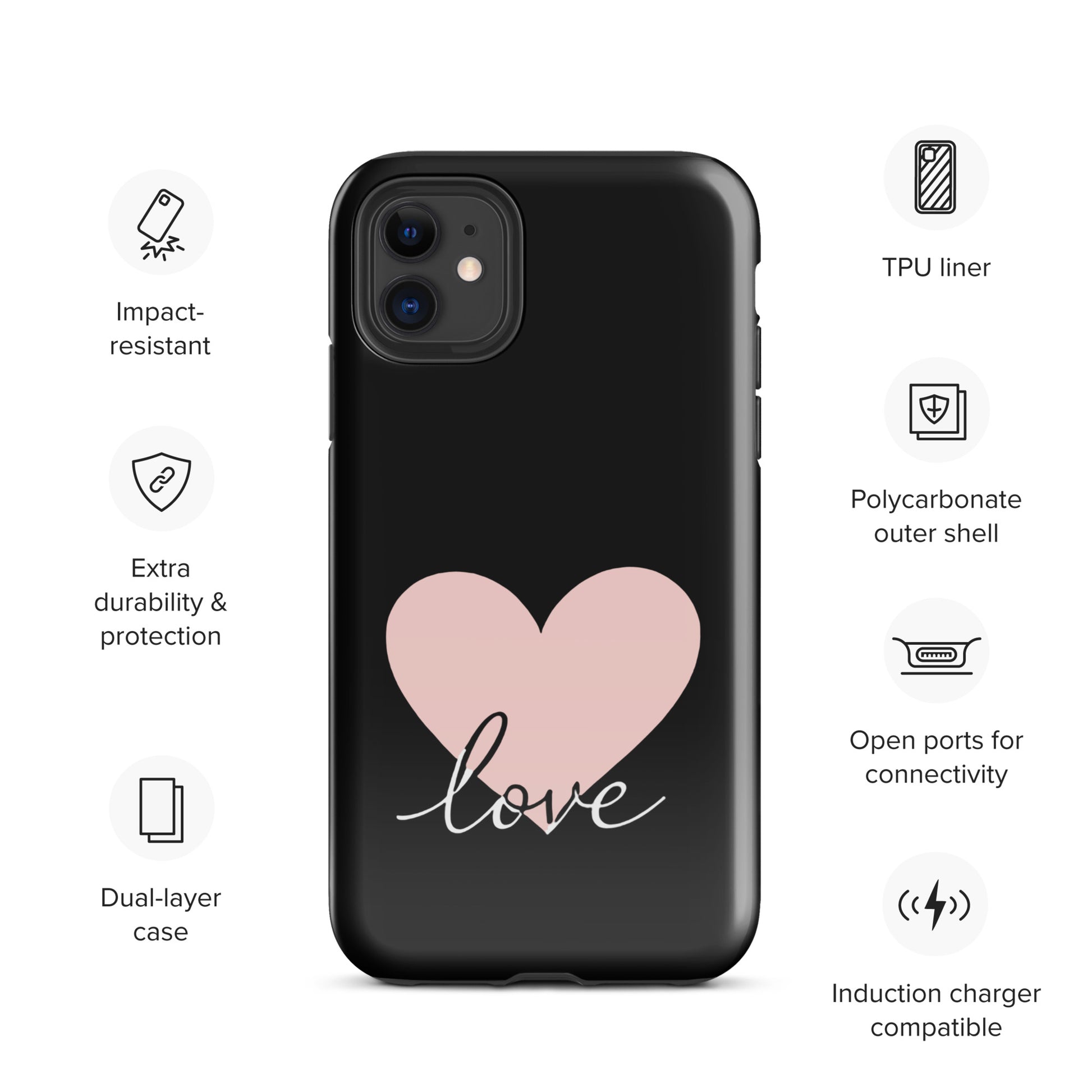 Phone Case for iPhone with Heart and Script Love Design, featuring impact-resistant and dual-layer protection.