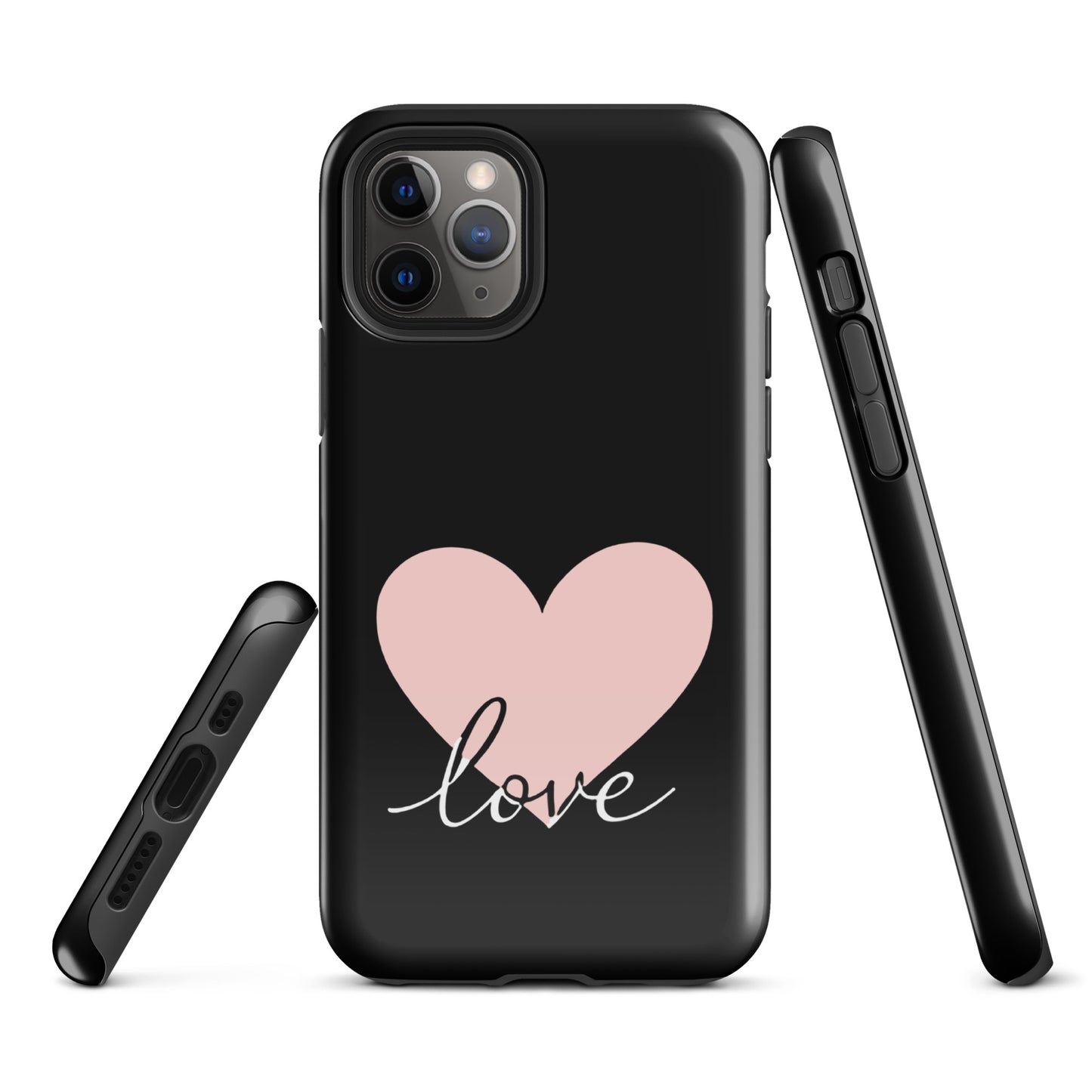 Phone Case for iPhone with heart and script 'love' design, black with pink heart, stylish and protective.