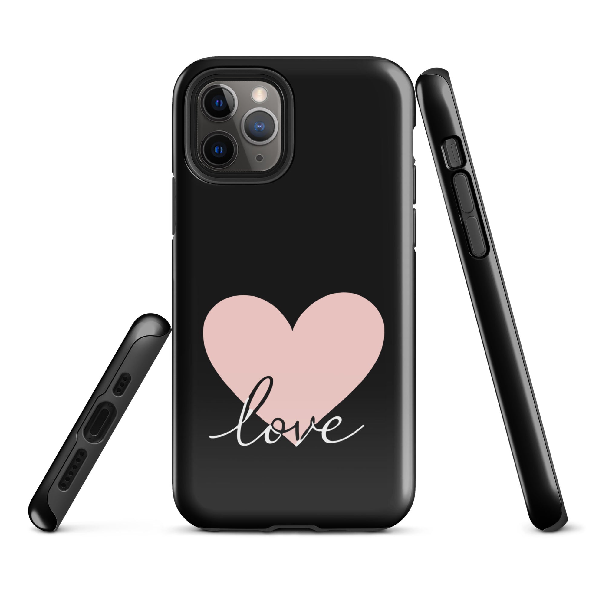 Phone Case for iPhone with heart and script 'love' design, black with pink heart, stylish and protective.