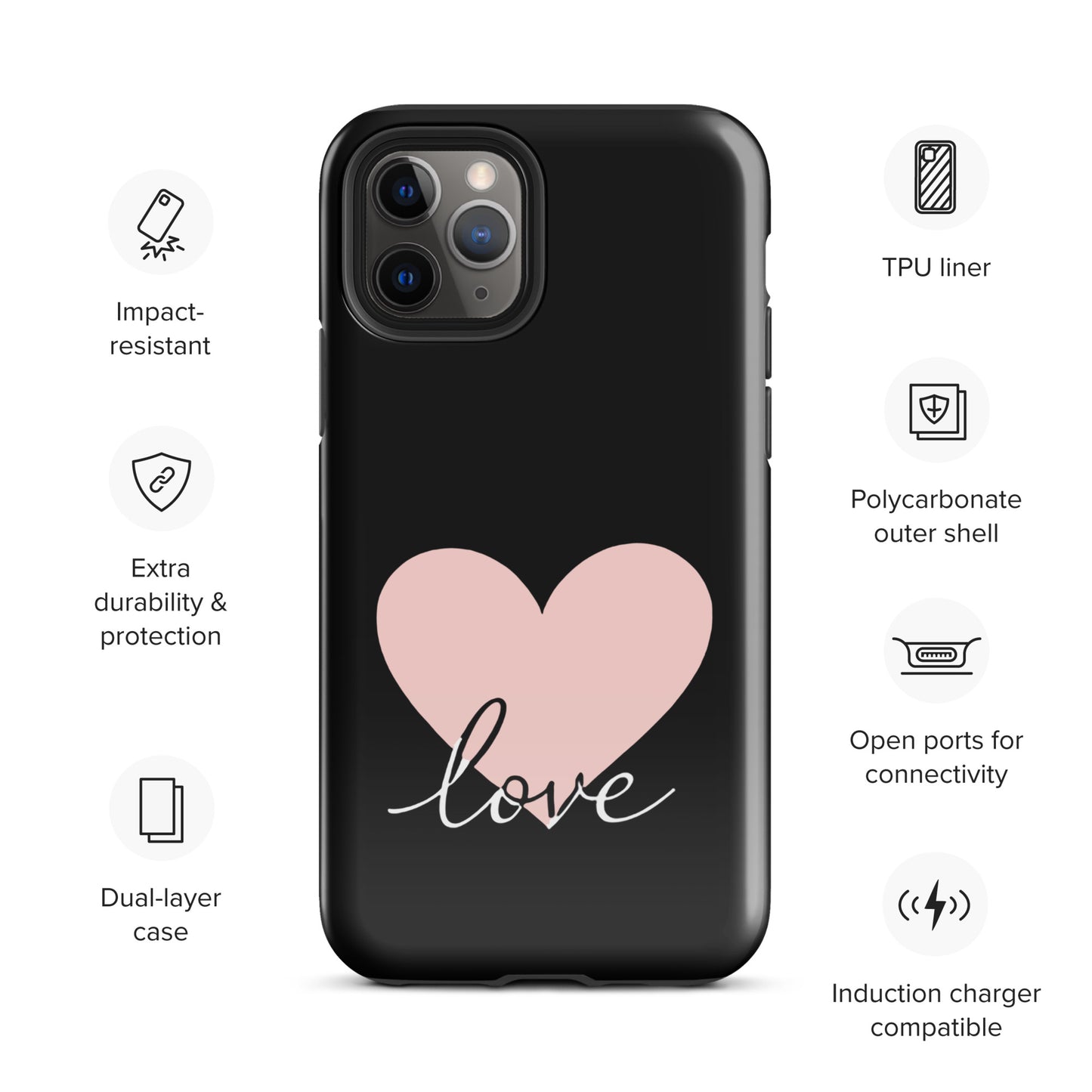 Phone Case for iPhone with heart and script love design offering protection and style, featuring a soft heart with flowing script.
