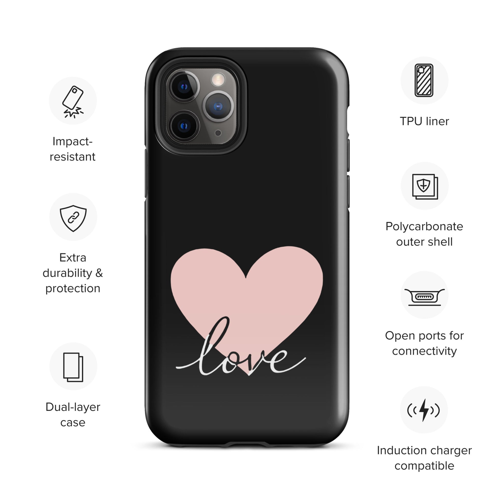 Phone Case for iPhone with heart and script love design offering protection and style, featuring a soft heart with flowing script.