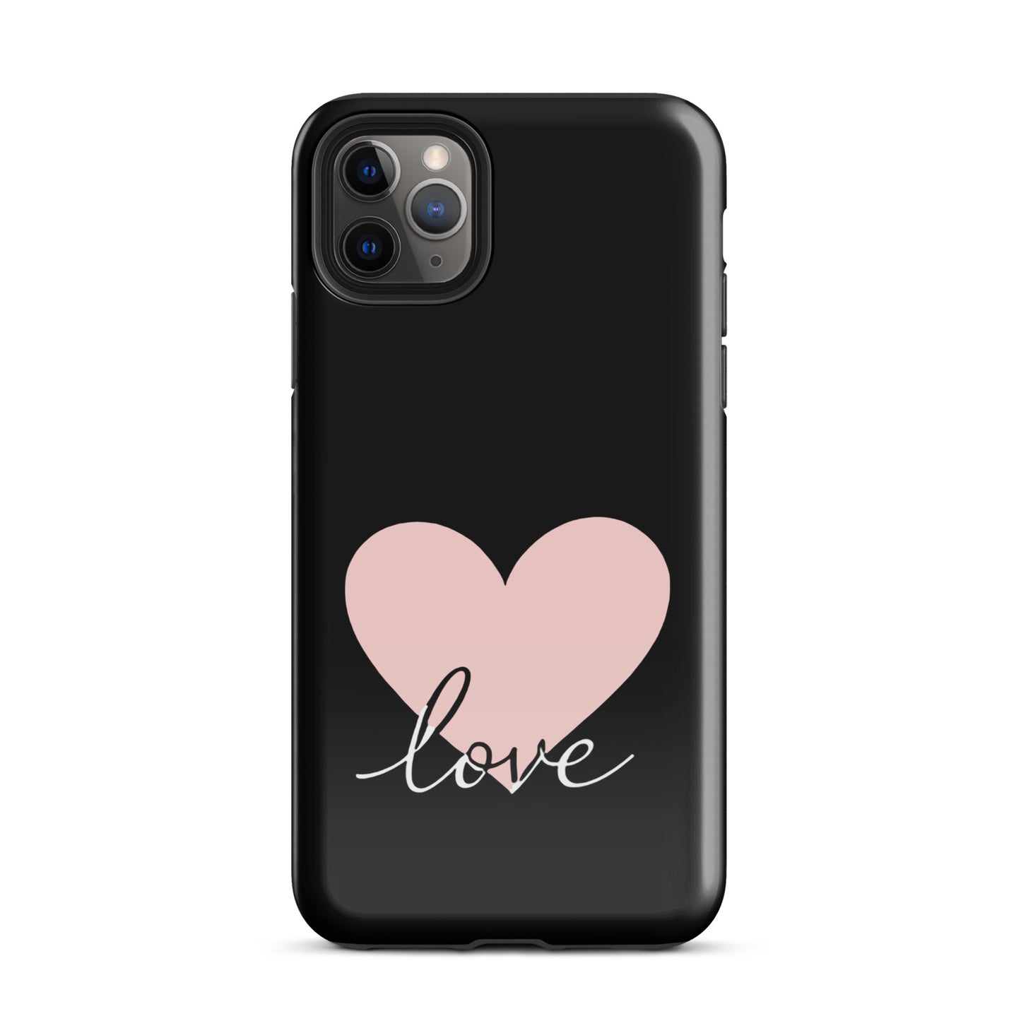 Phone Case for iPhone with pink heart and 'love' script design on black background, minimalist and stylish.