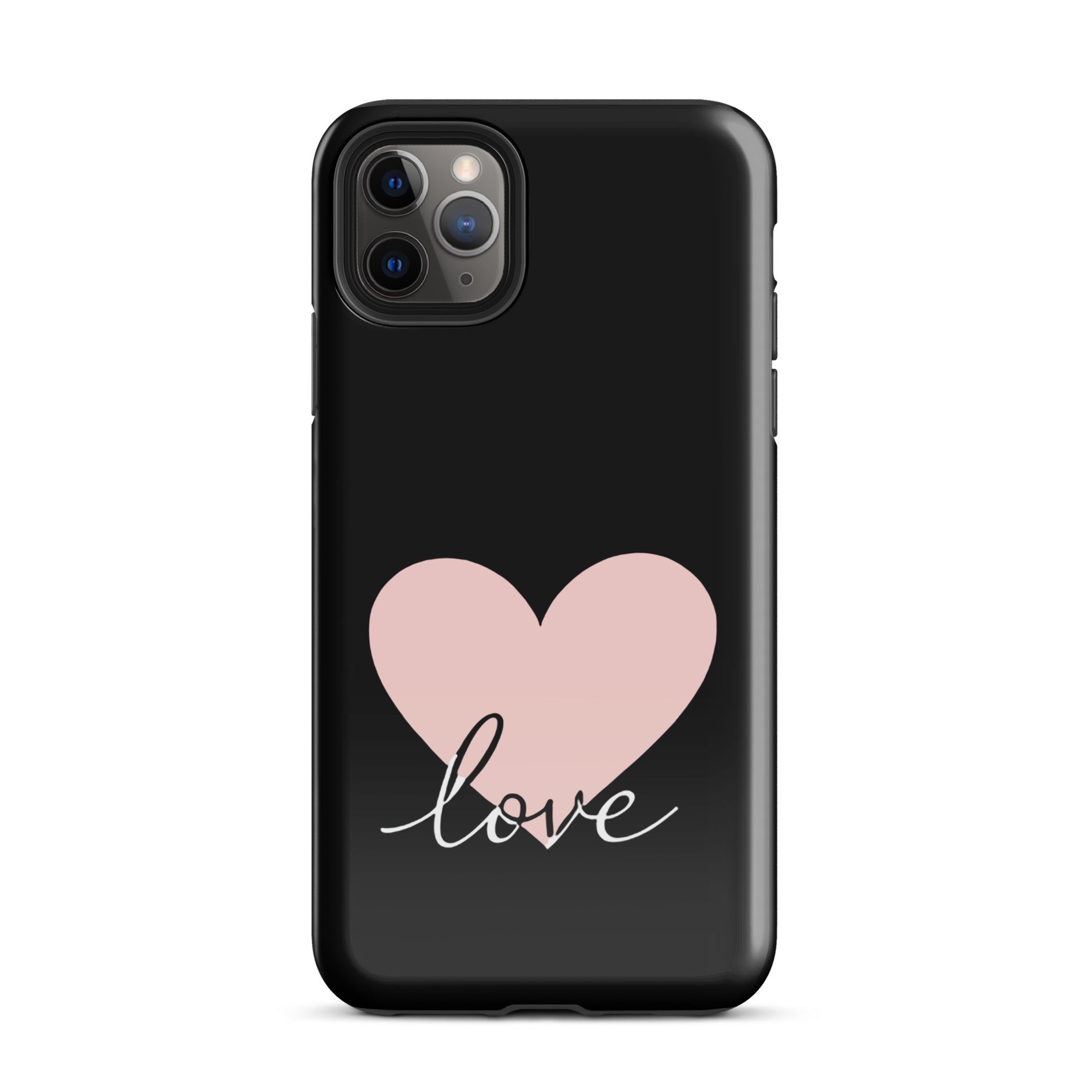Phone Case for iPhone with pink heart and 'love' script design on black background, minimalist and stylish.