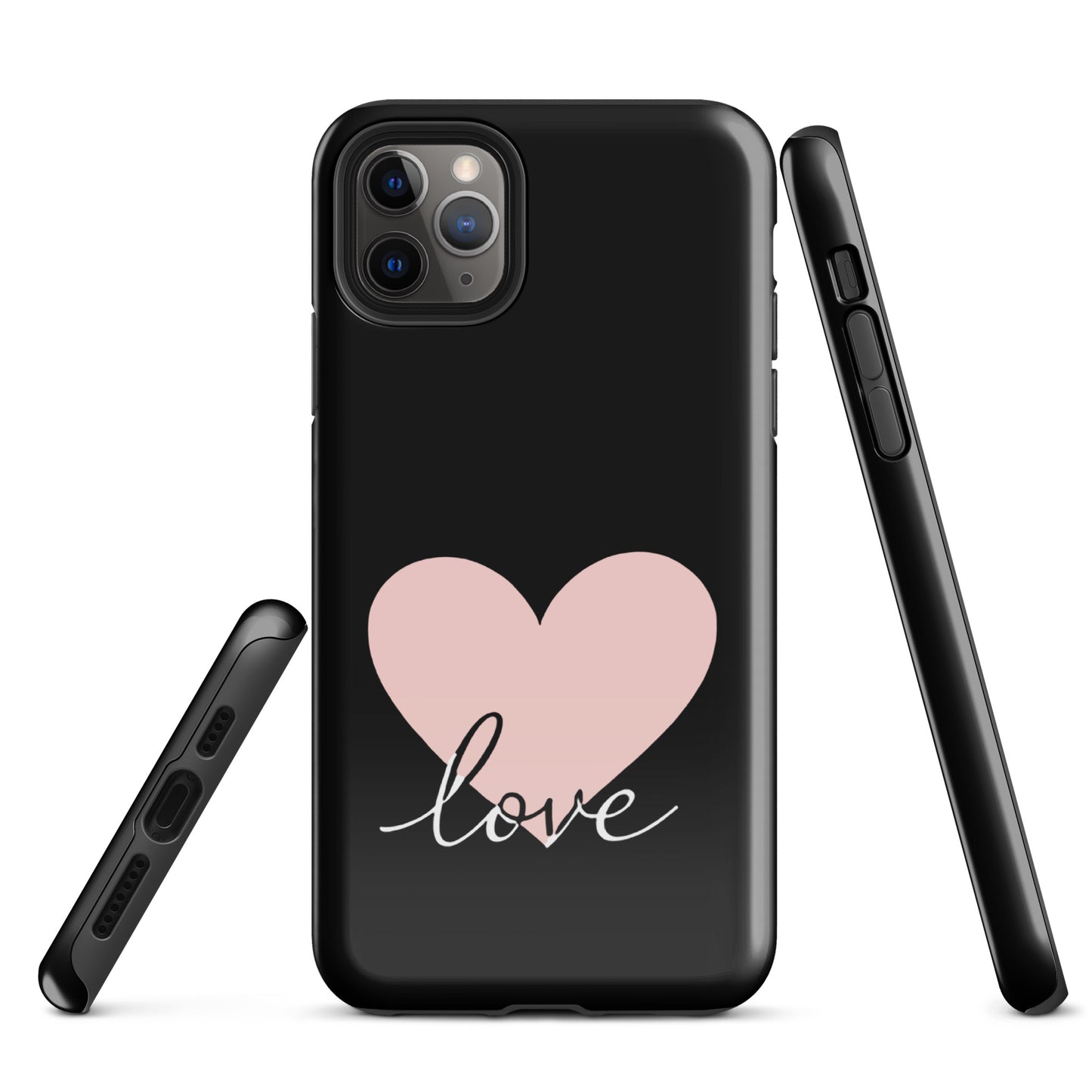 Phone Case for iPhone with heart and 'love' script design in black, showcasing minimalist and romantic style.