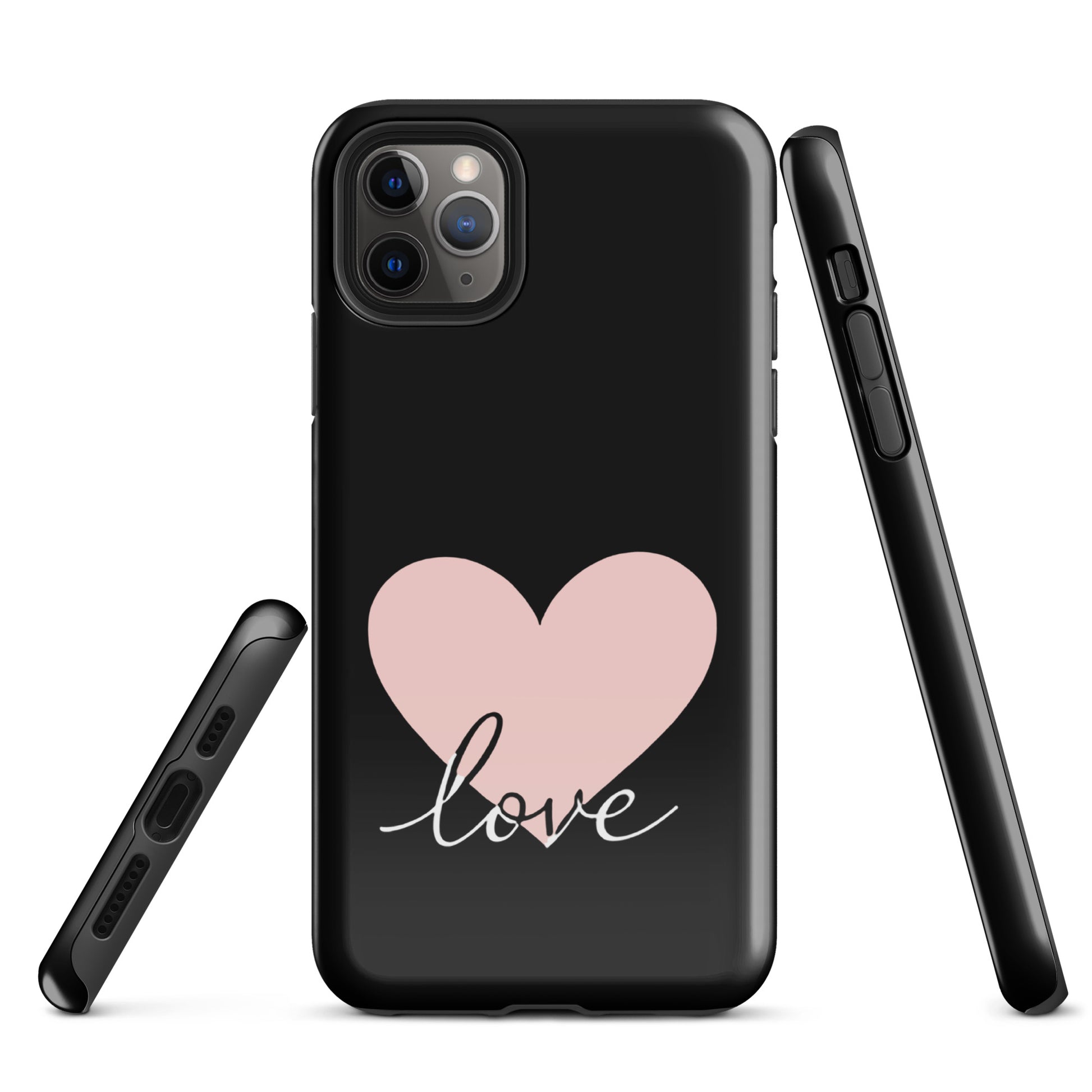 Phone Case for iPhone with heart and 'love' script design in black, showcasing minimalist and romantic style.