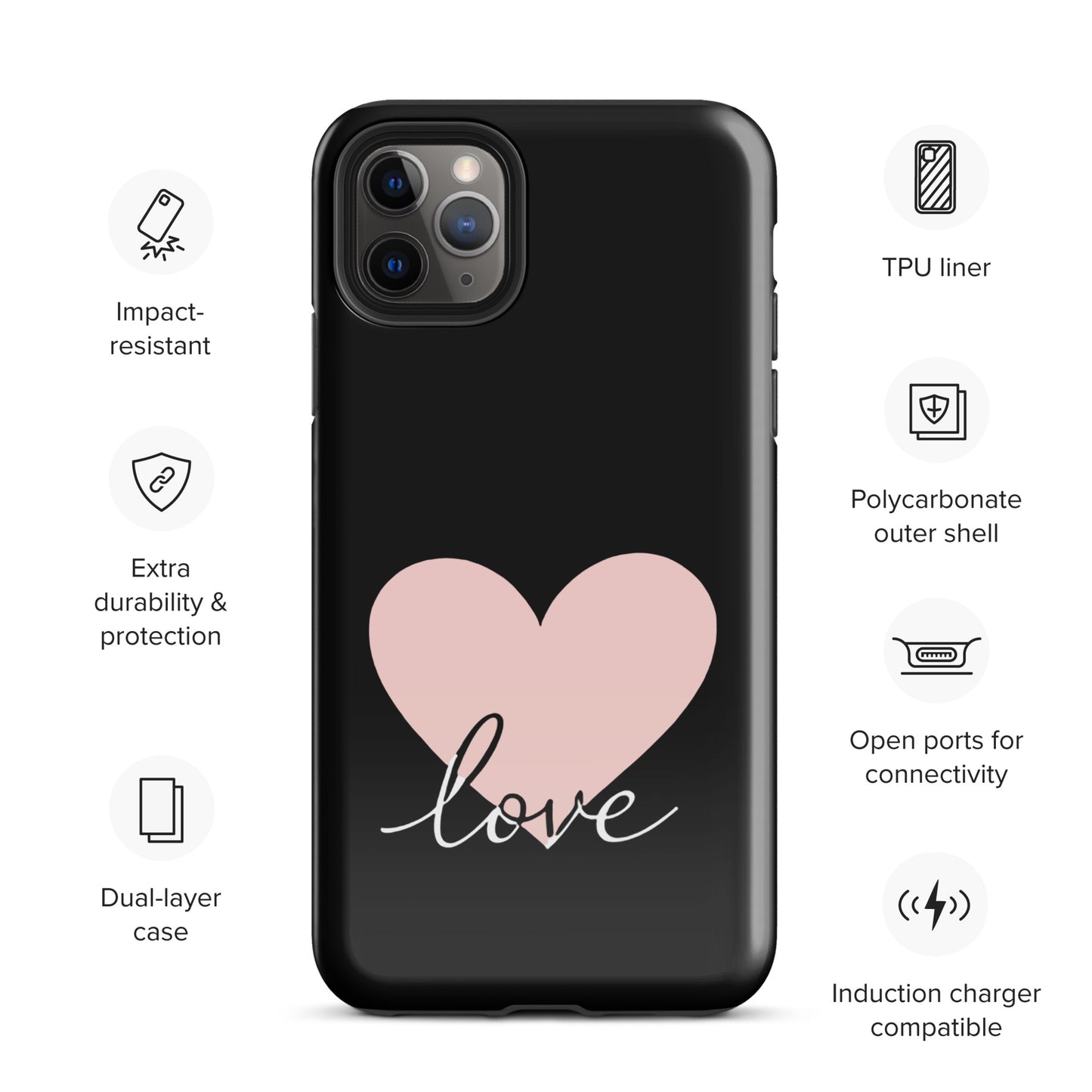 Phone Case for iPhone with heart and script love design, featuring impact resistance and compatibility with induction chargers