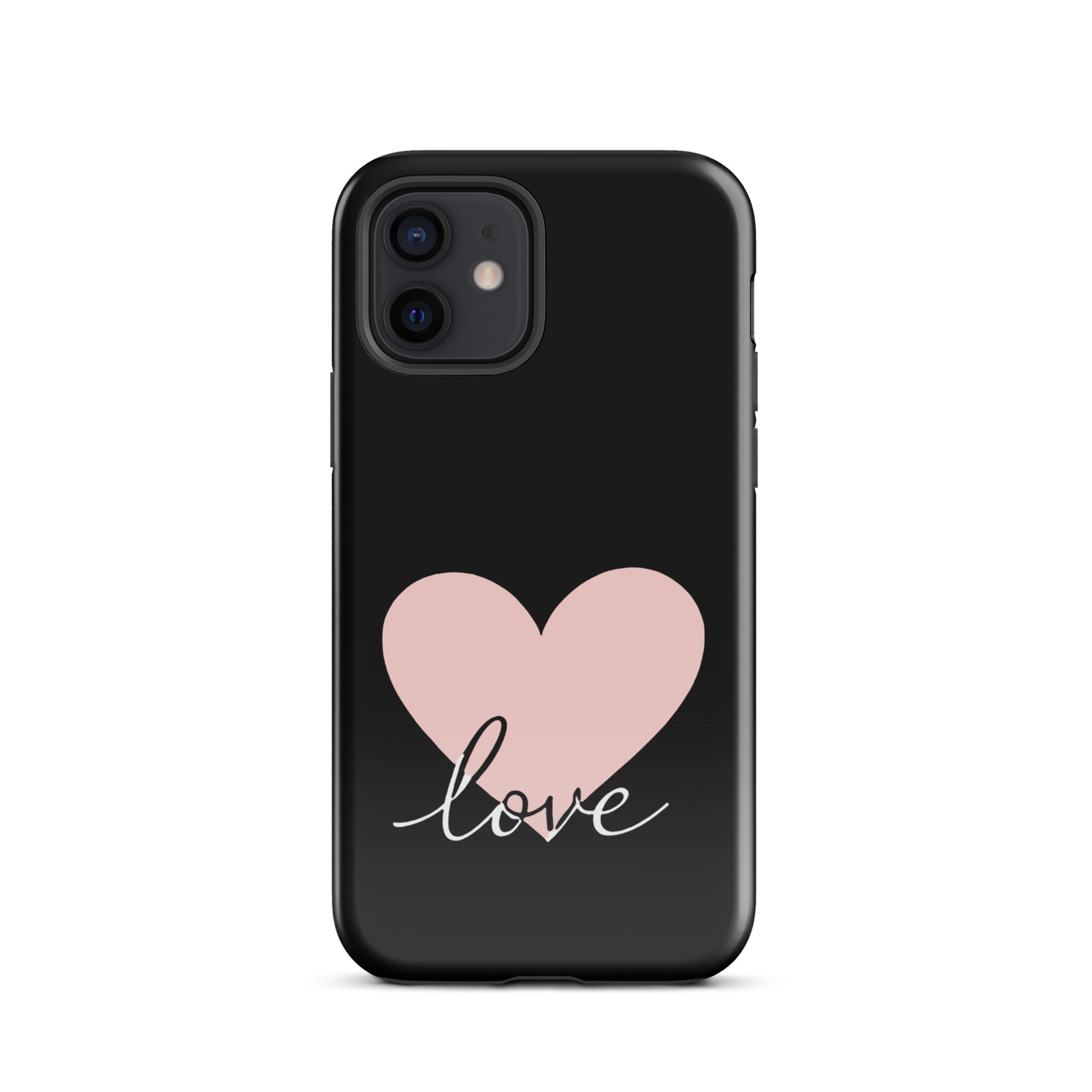Phone Case for iPhone featuring heart and script 'love' design in pink on black background, offering romantic yet minimalist style.