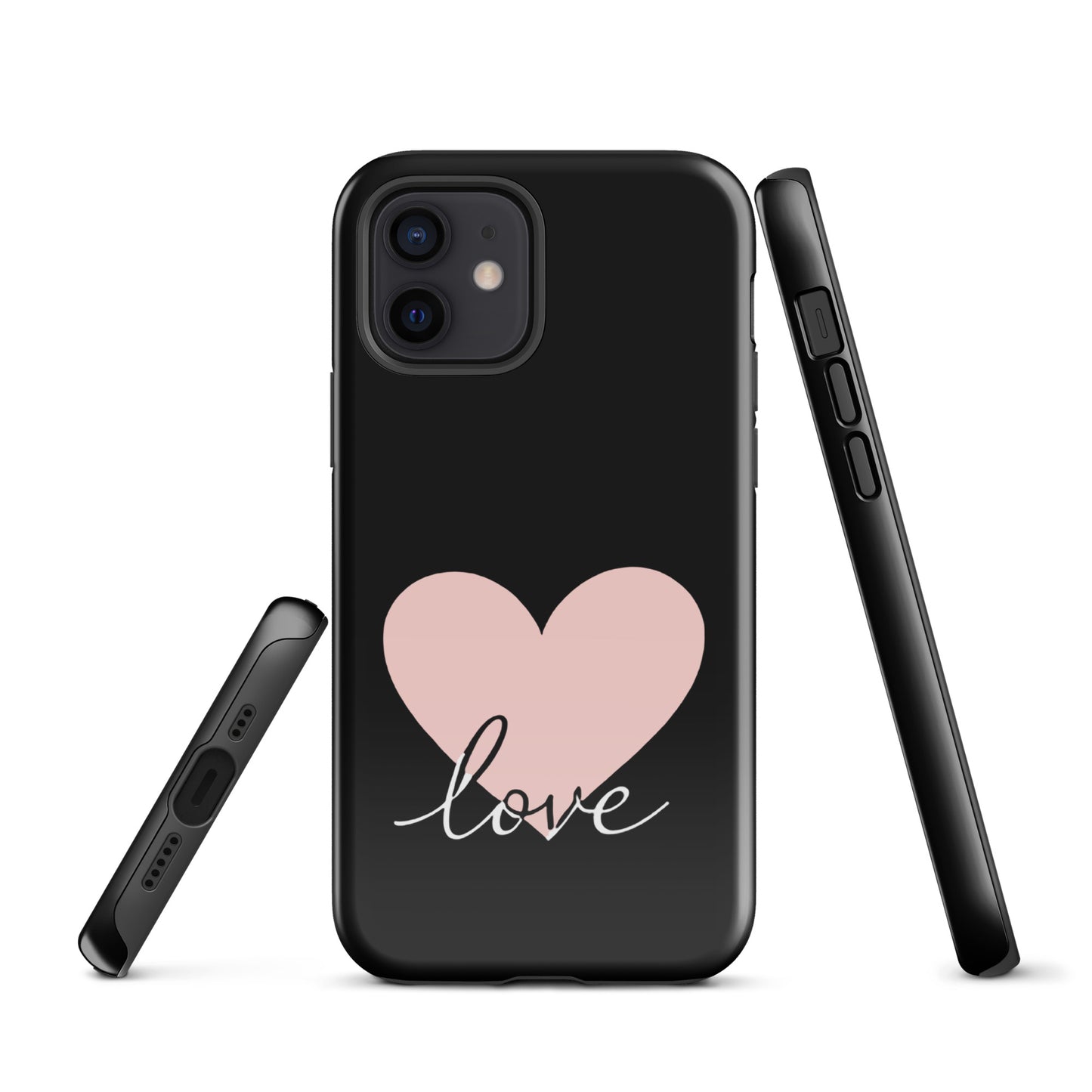 Phone Case for iPhone with heart and script love design in black and pink, offering stylish protection with a romantic touch.