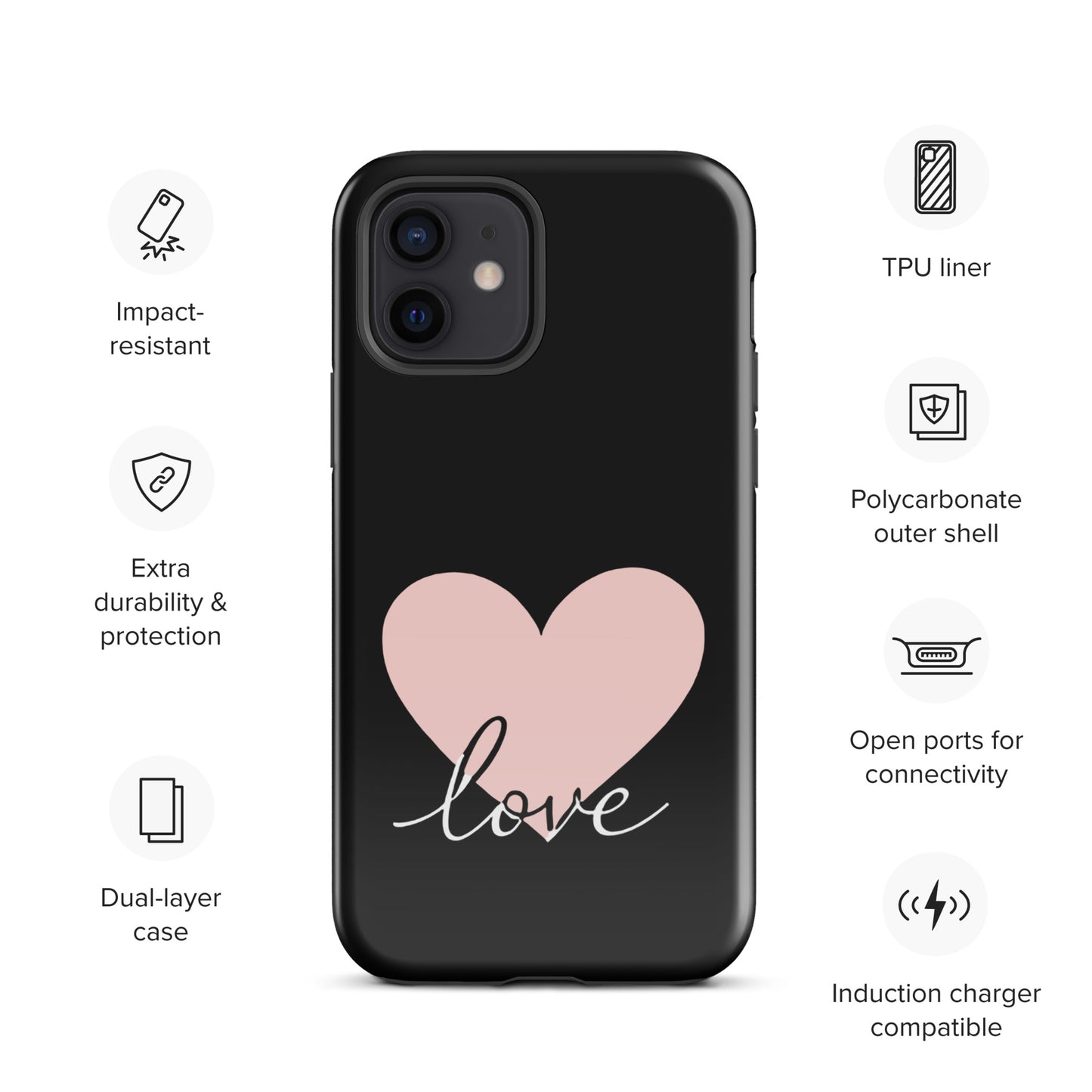 Phone Case for iPhone with heart design and script "love" text, featuring dual-layer protection and charging compatibility.