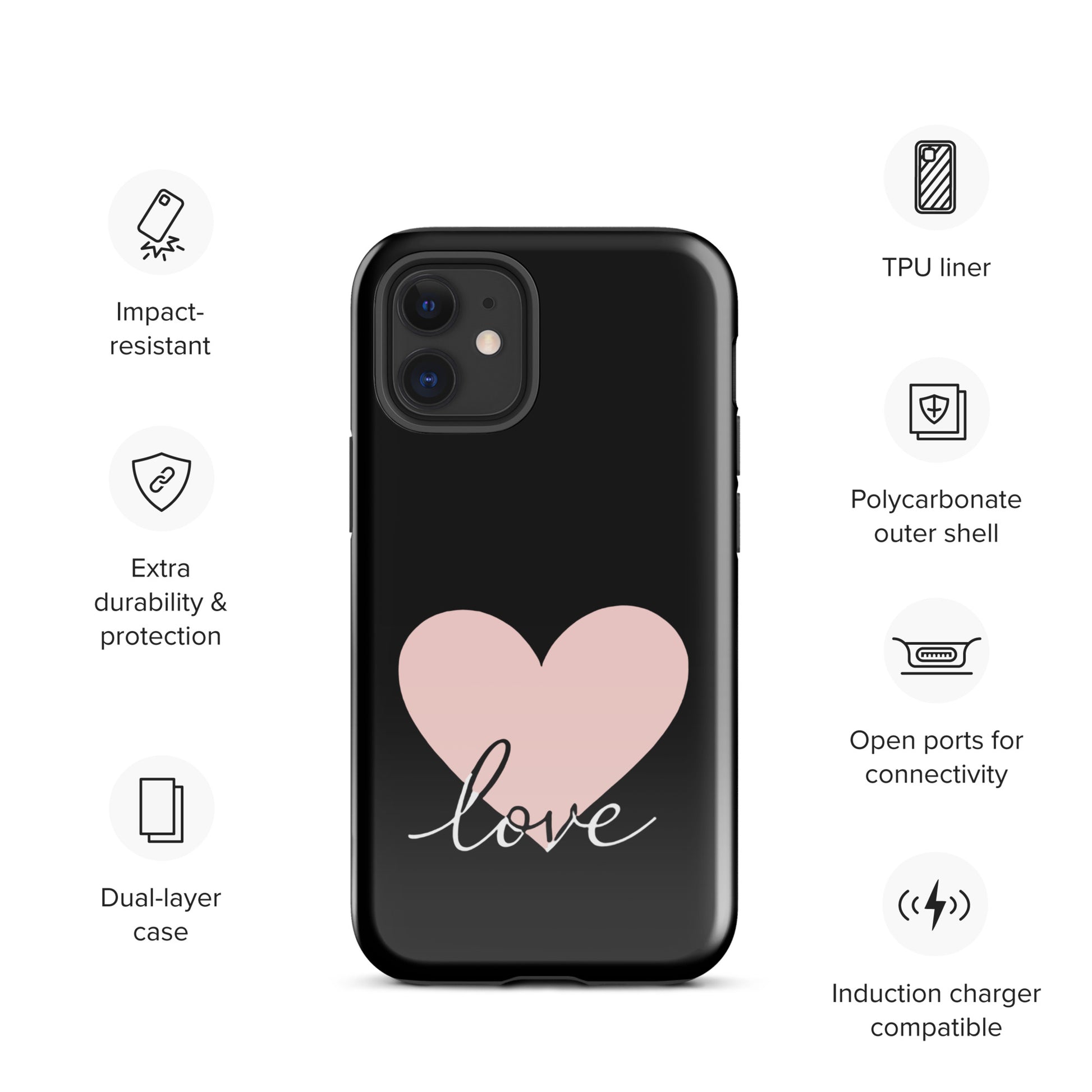 Phone Case for iPhone with heart and script love design, featuring impact-resistant TPU liner and dual-layer protection.