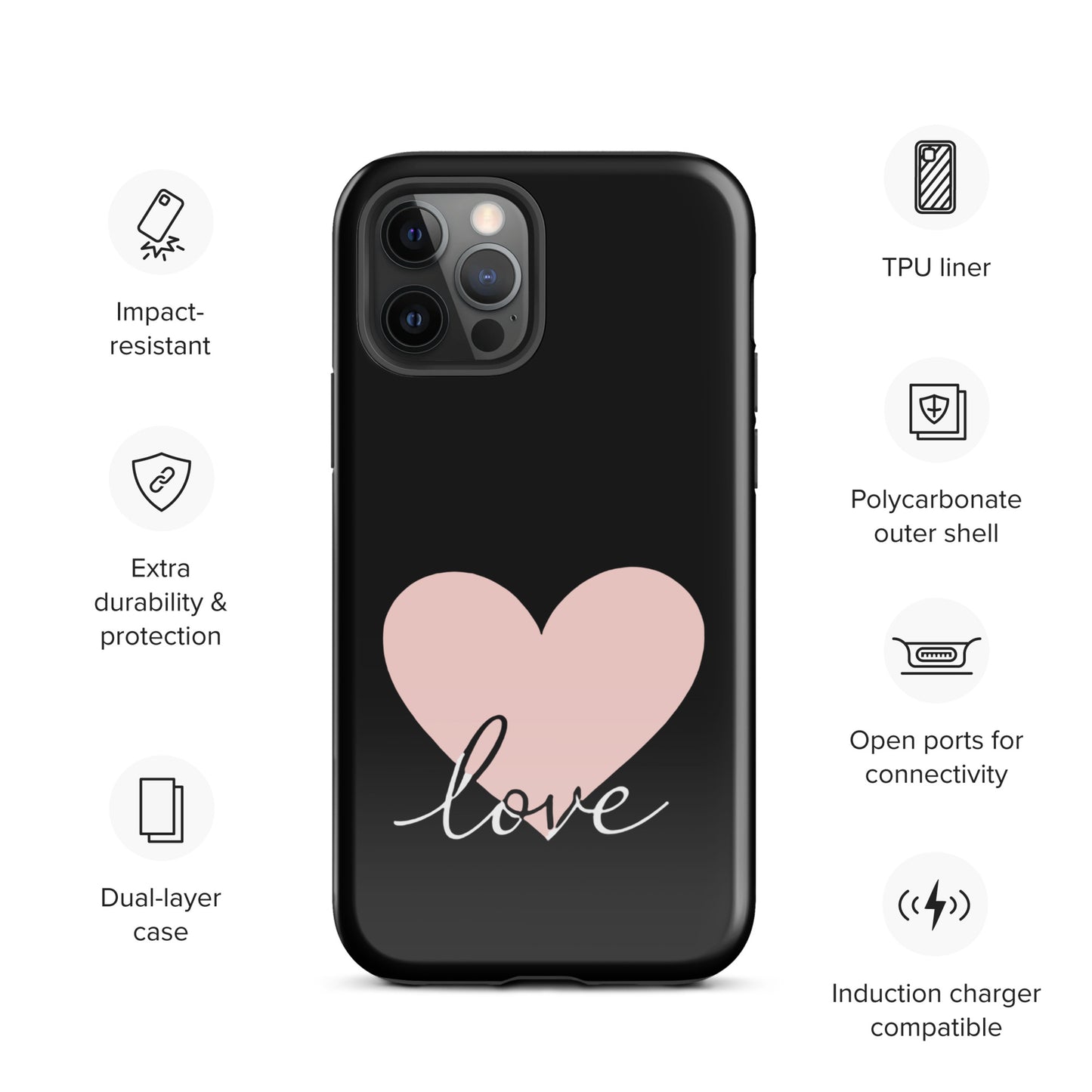Phone Case for iPhone with heart design and script love, minimalist style with durability features, TPU liner, polycarbonate shell.