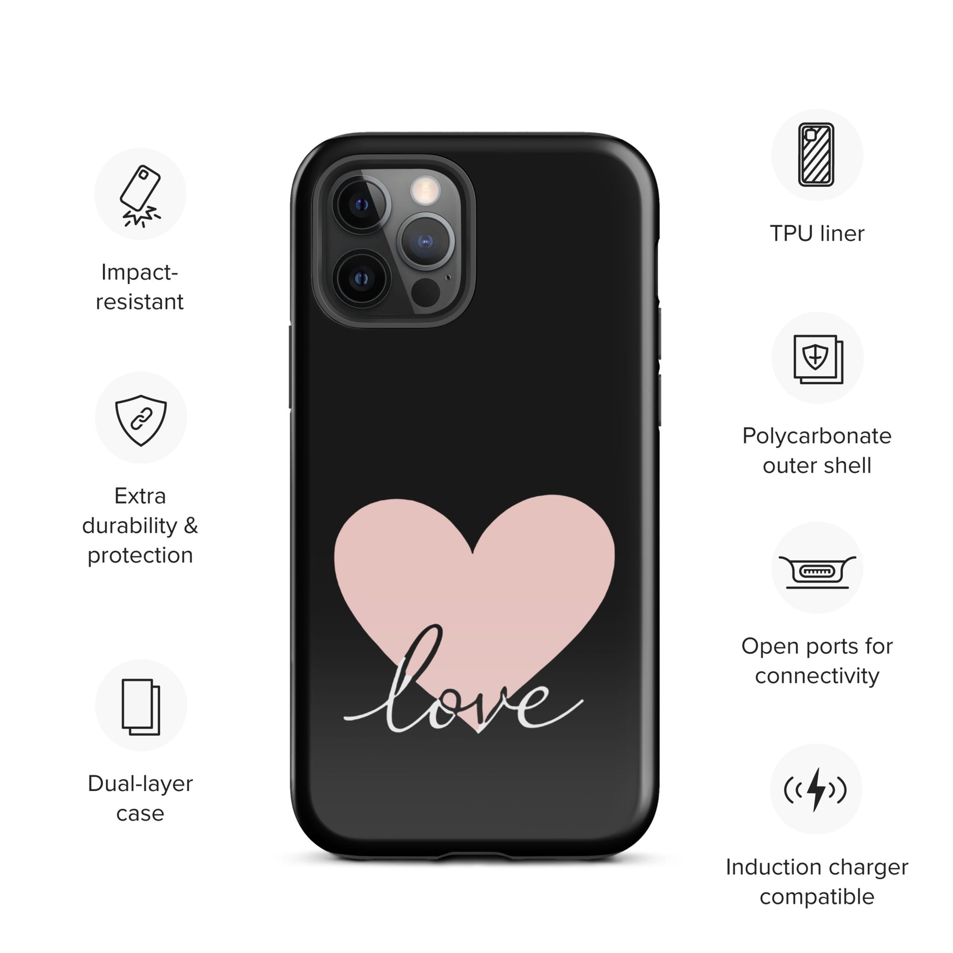 Phone Case for iPhone with heart design and script love, minimalist style with durability features, TPU liner, polycarbonate shell.