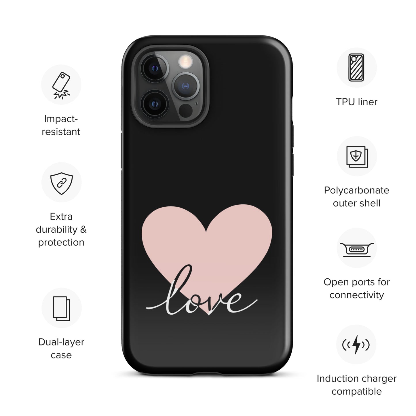 Phone Case for iPhone with heart and script love design, featuring impact-resistant TPU liner and polycarbonate shell.