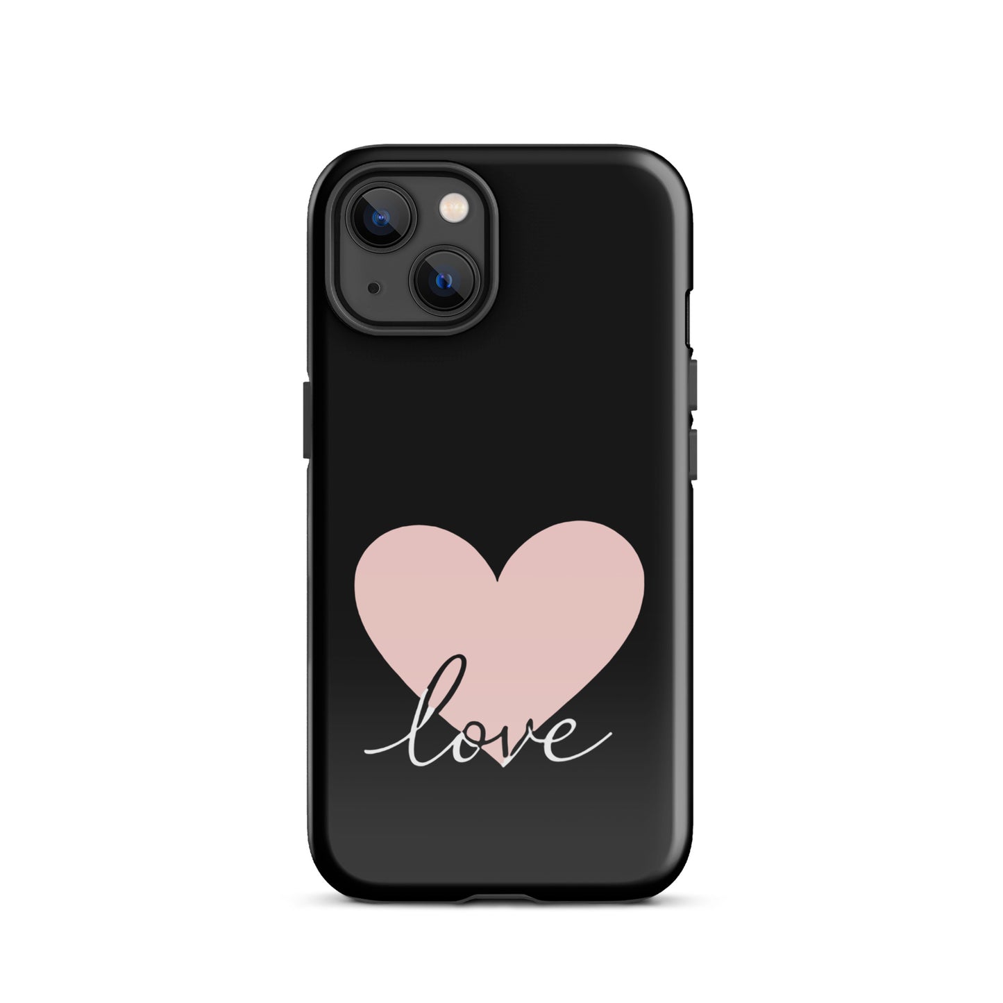 Phone Case for iPhone with heart and script love design, featuring minimalist charm and romantic style in black and pink.