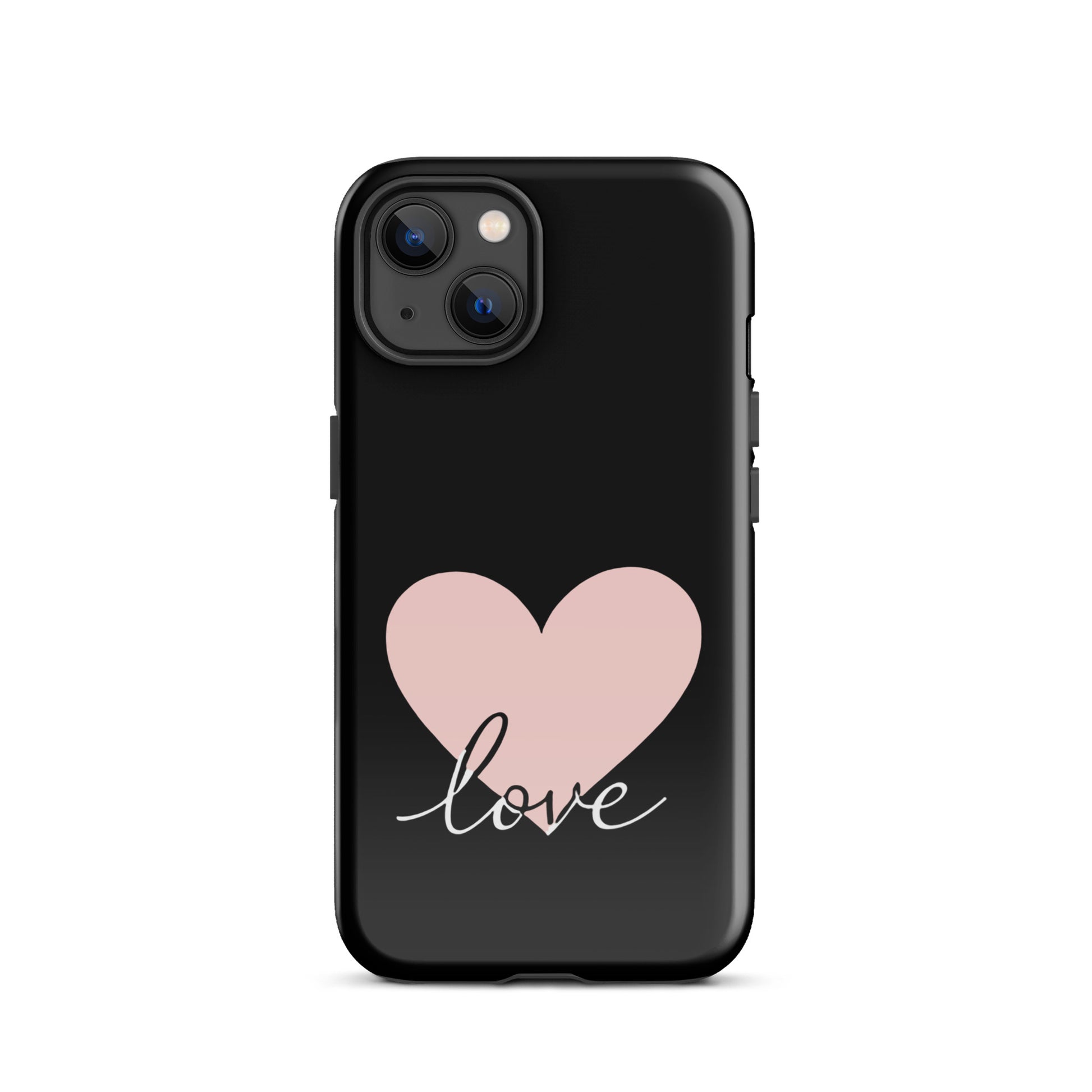 Phone Case for iPhone with heart and script love design, featuring minimalist charm and romantic style in black and pink.