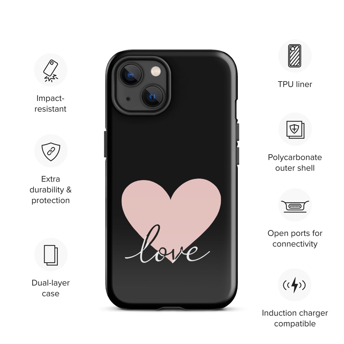 Phone Case for iPhone with heart and script love design, impact-resistant, polycarbonate shell, modern and romantic, dual-layer protection.