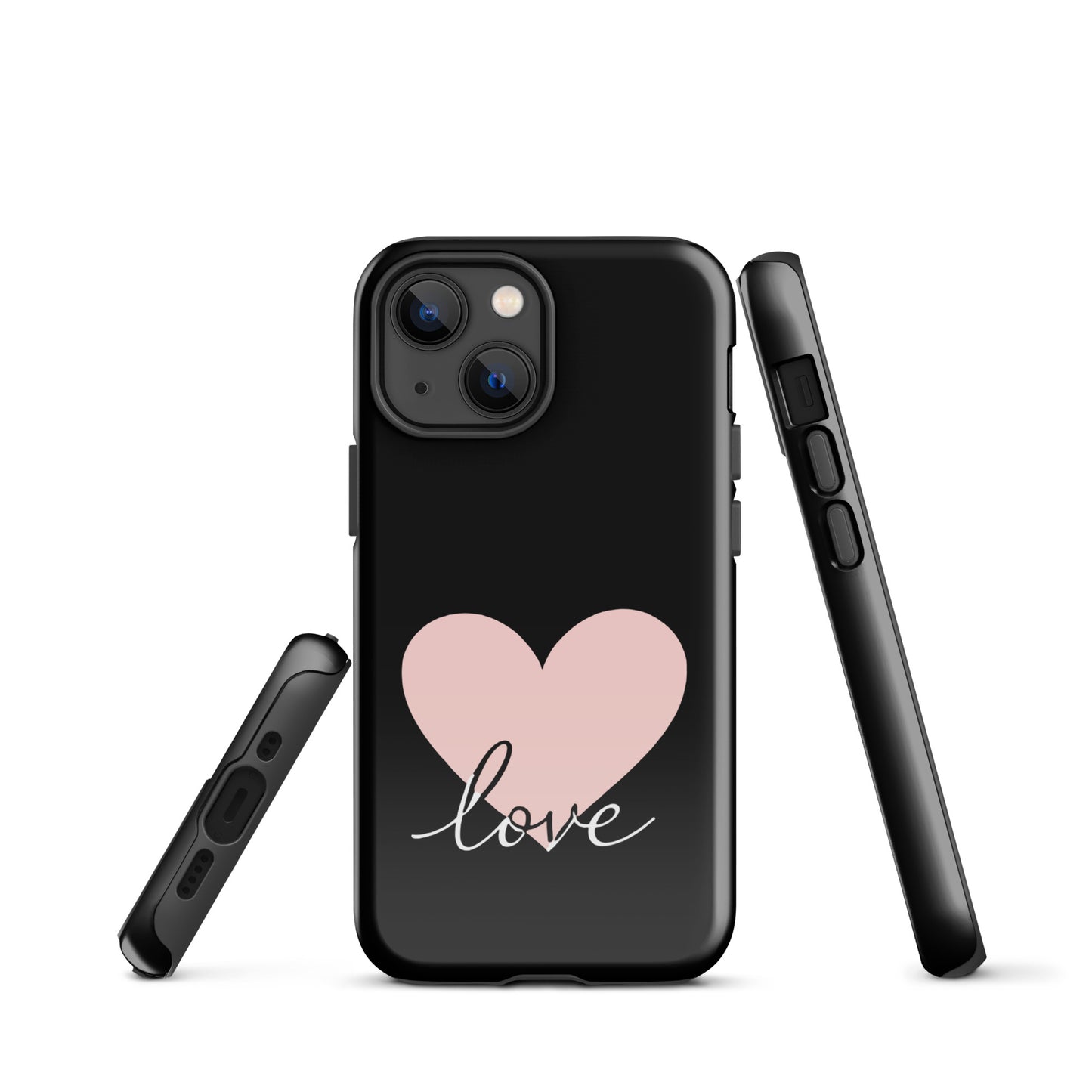 iPhone Phone Case with Heart and Script Love Design, minimalist style, black case with pink heart and love text, protective cover