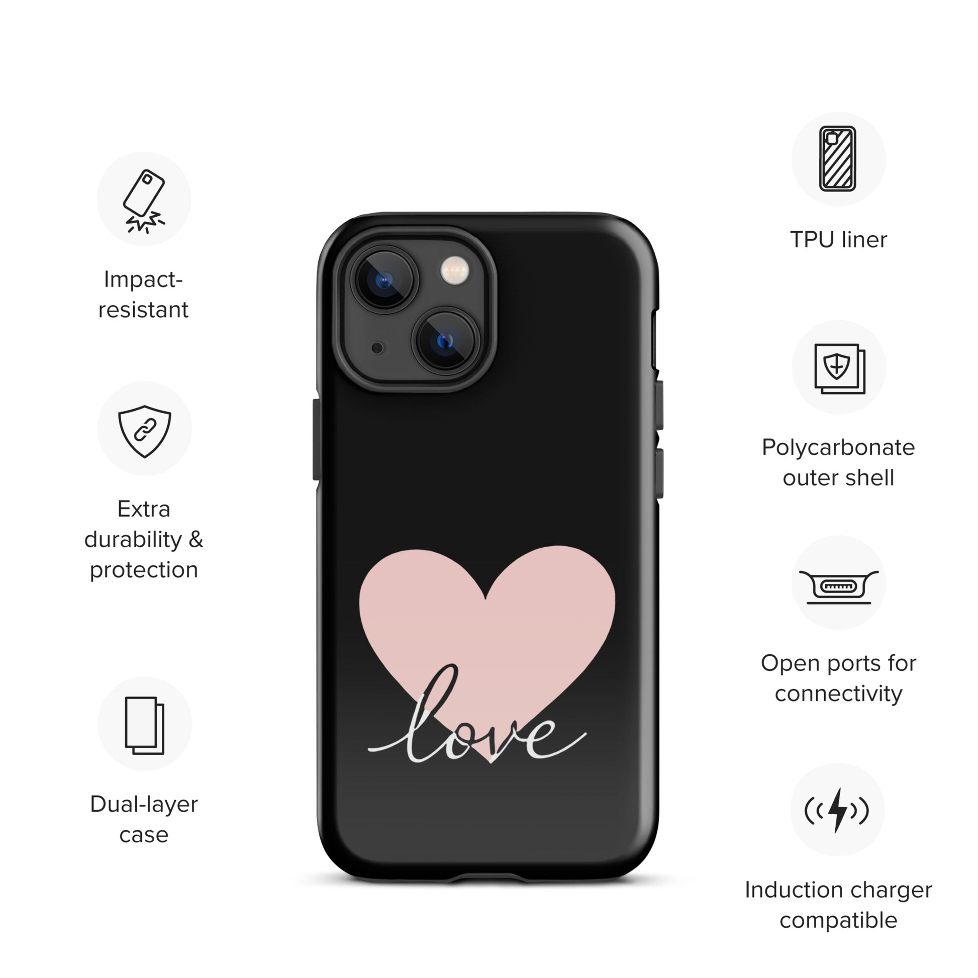 Phone Case for iPhone with heart and script love design, impact-resistant, polycarbonate shell, induction charger compatible.