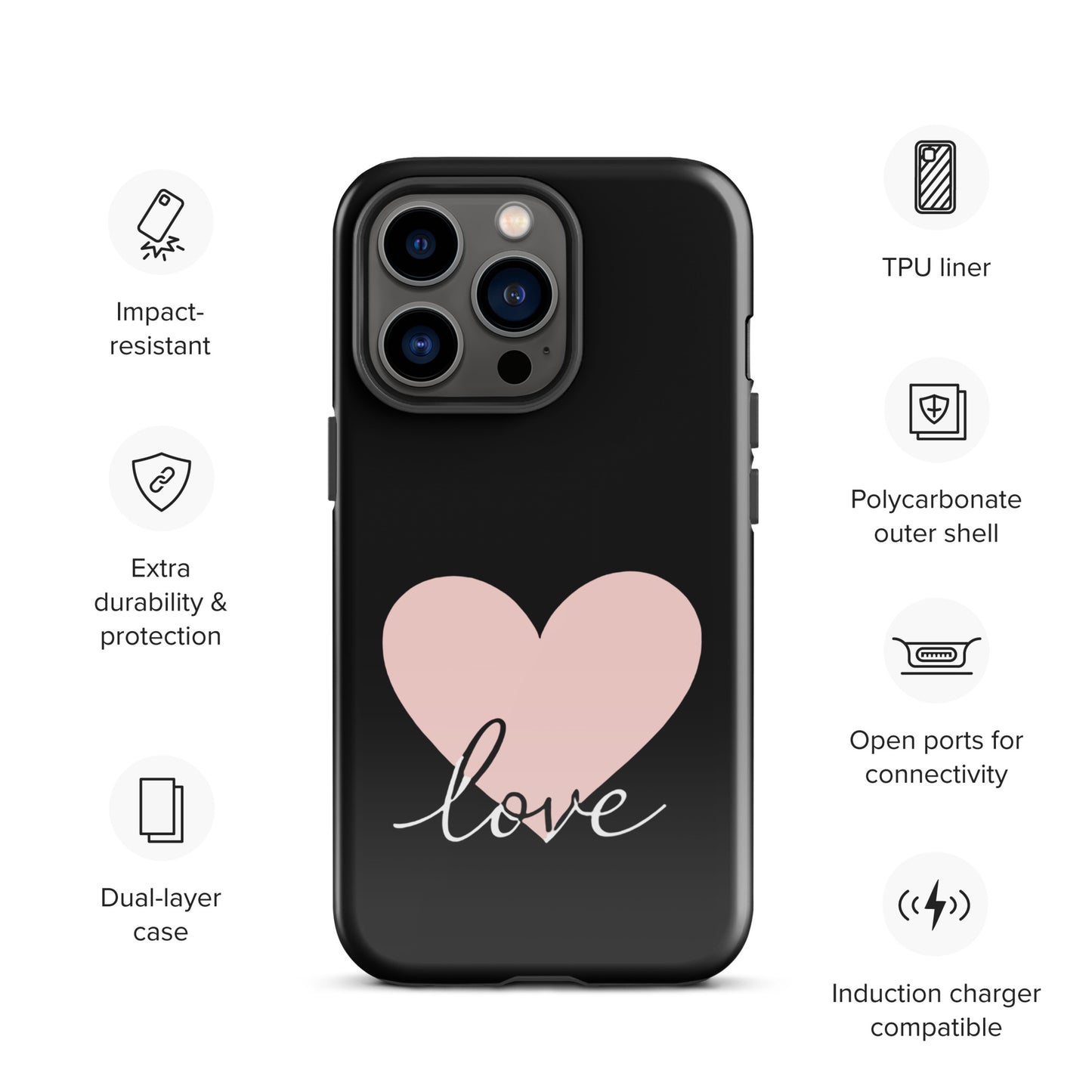 Phone Case for iPhone with heart and 'love' script design, featuring dual-layer protection and compatibility with induction chargers.