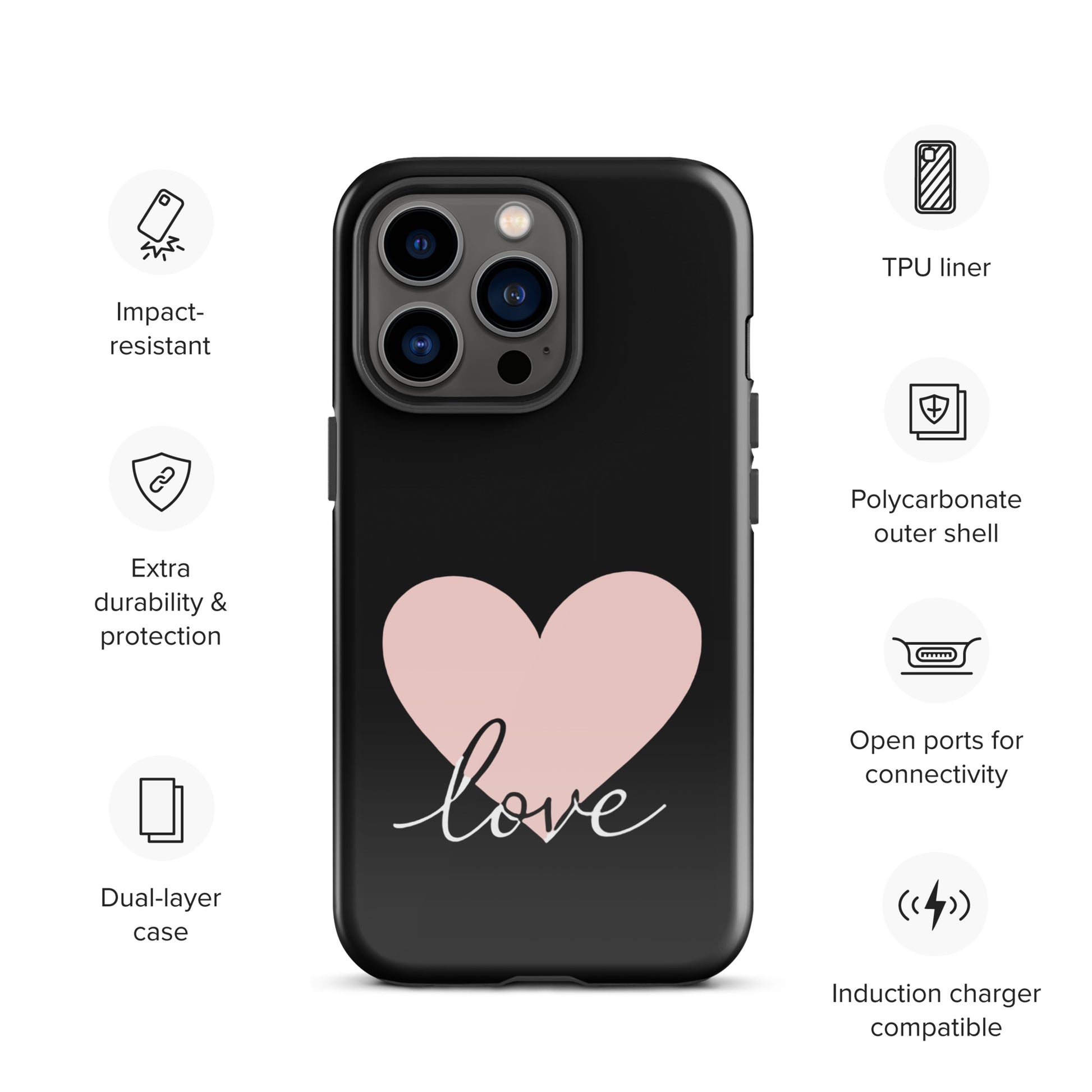 Phone Case for iPhone with heart and 'love' script design, featuring dual-layer protection and compatibility with induction chargers.