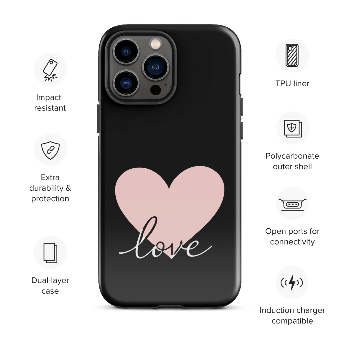 Phone Case for iPhone with heart and script love design, featuring dual-layer protection and polycarbonate shell.