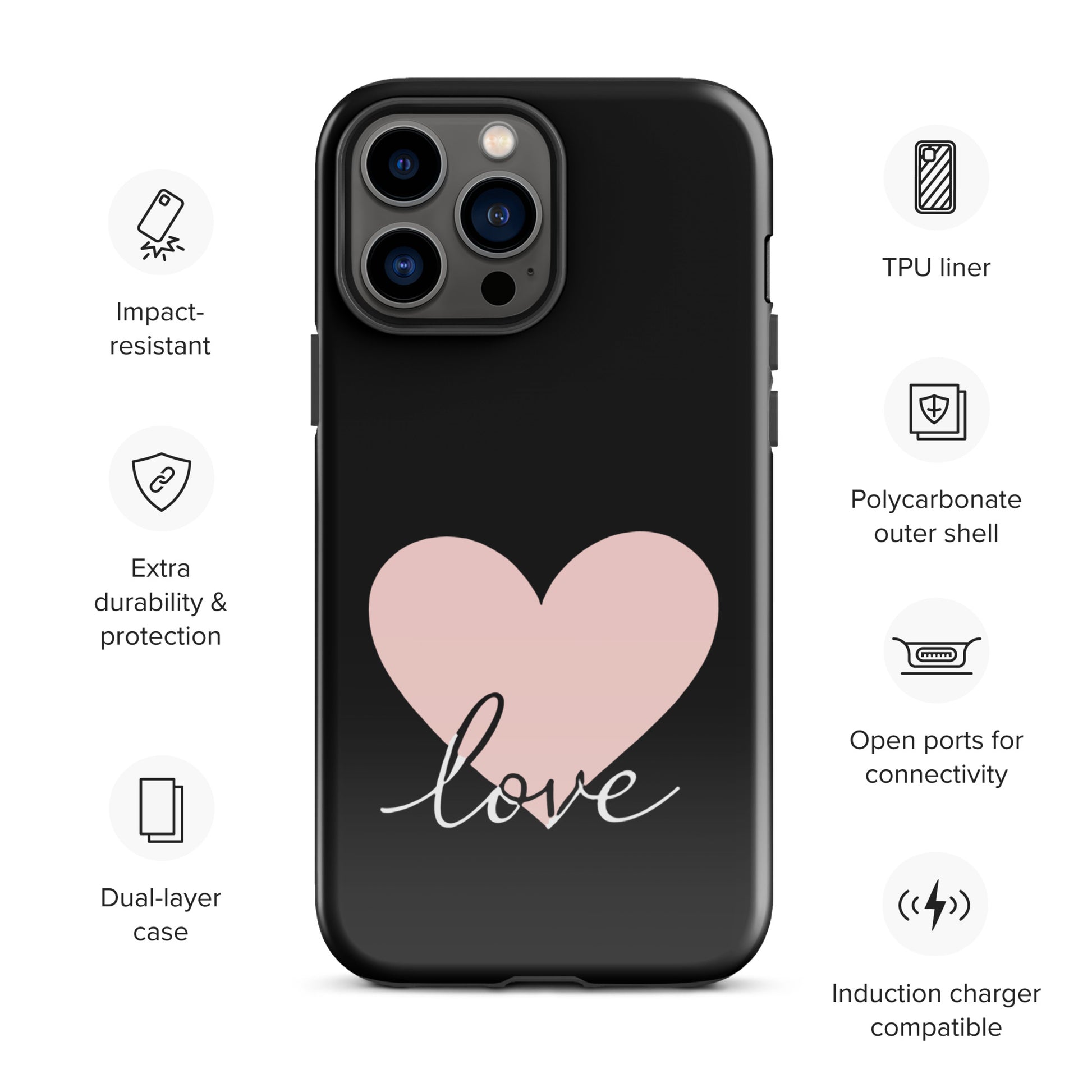Phone Case for iPhone with heart and script love design, featuring dual-layer protection and polycarbonate shell.