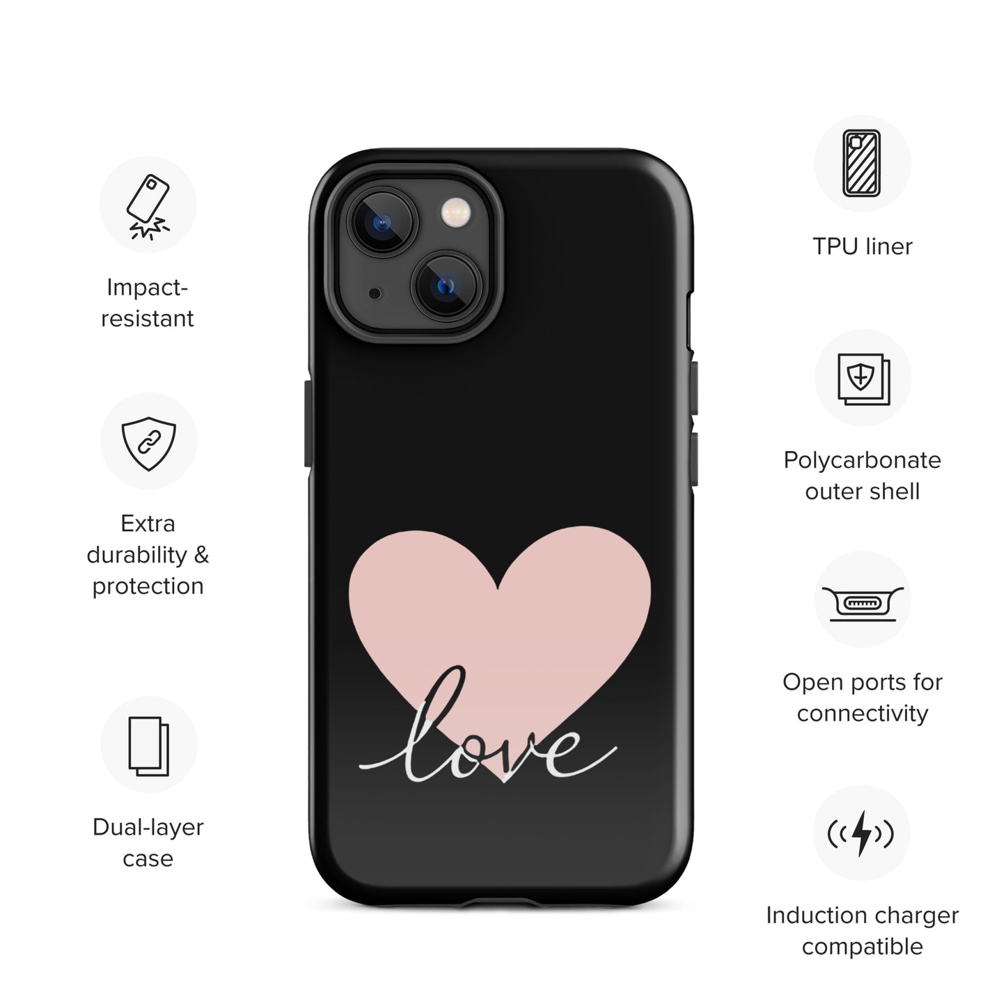 Phone Case for iPhone with heart and script love design, featuring impact-resistant and dual-layer protection.